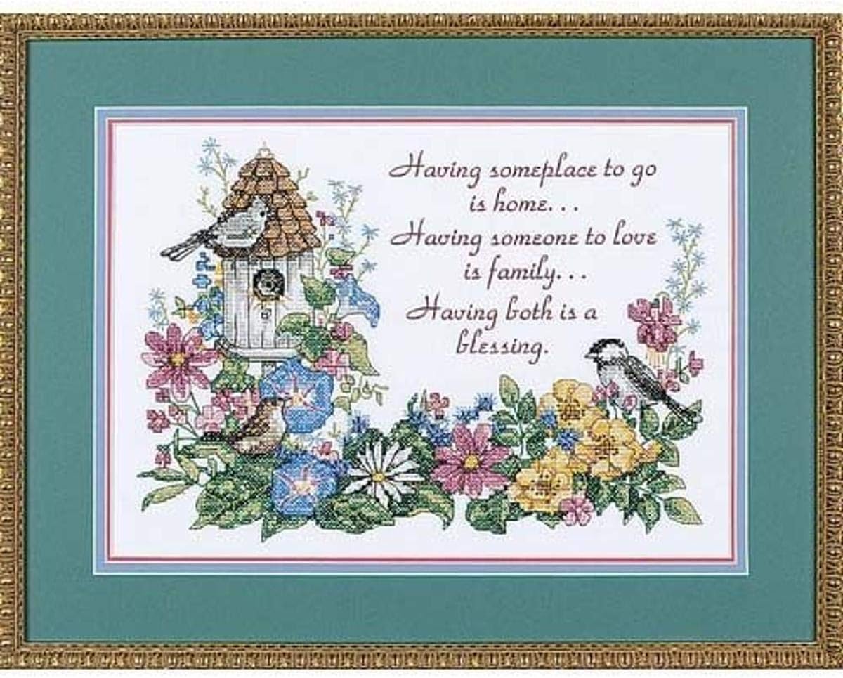 Dimensions Flowery Verse Bird Houses Stamped Cross Stitch Kit, 14'' W x 10'' H, multi-colored