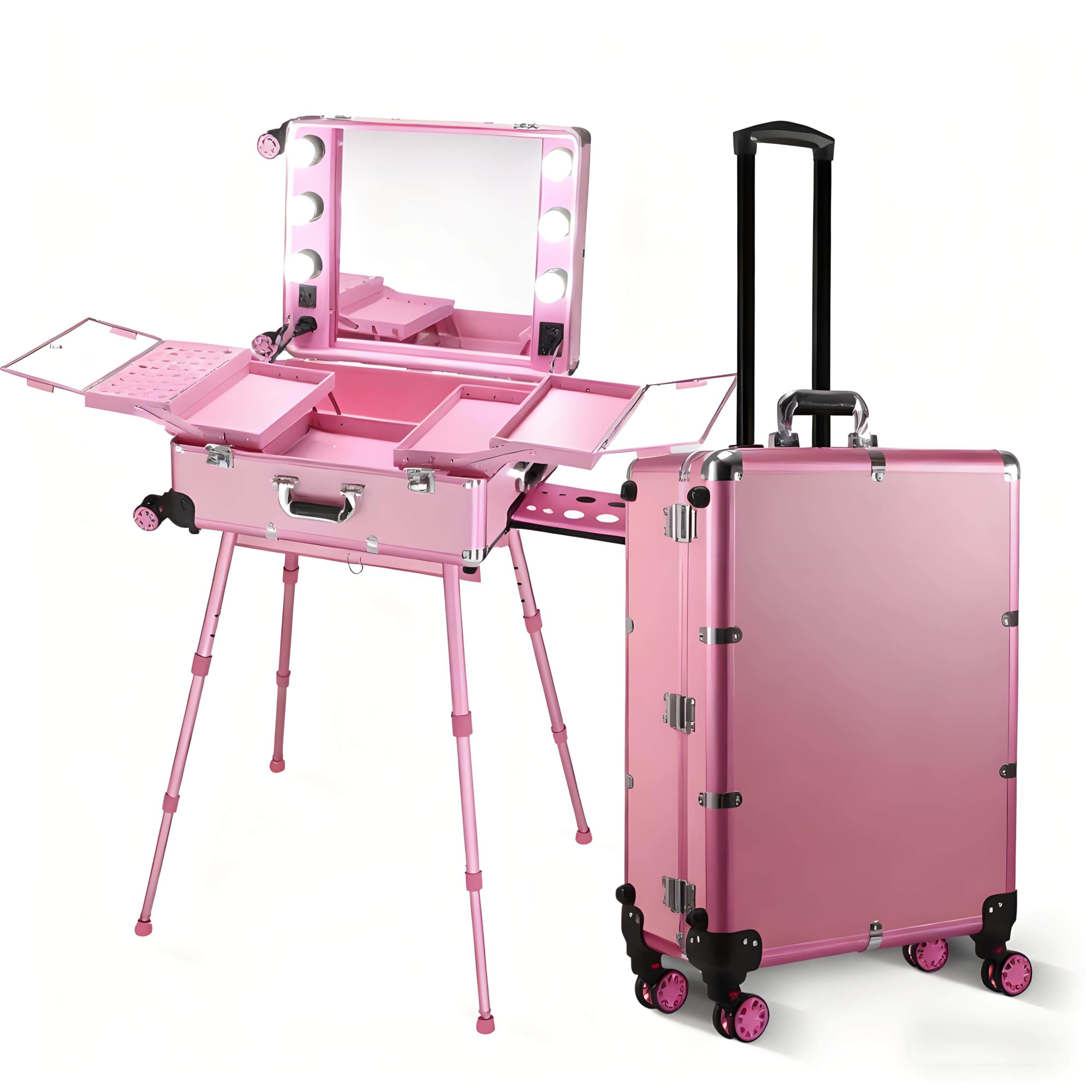 Tavolo da Trucco Professionale con Ruote, Portatile, Pieghevole, Supporto Nascosto e Ruote, Valigetta per Il Trucco Multifunzionale, Adatta a Truccatori Ed Estetiste, con Luce LED Pink