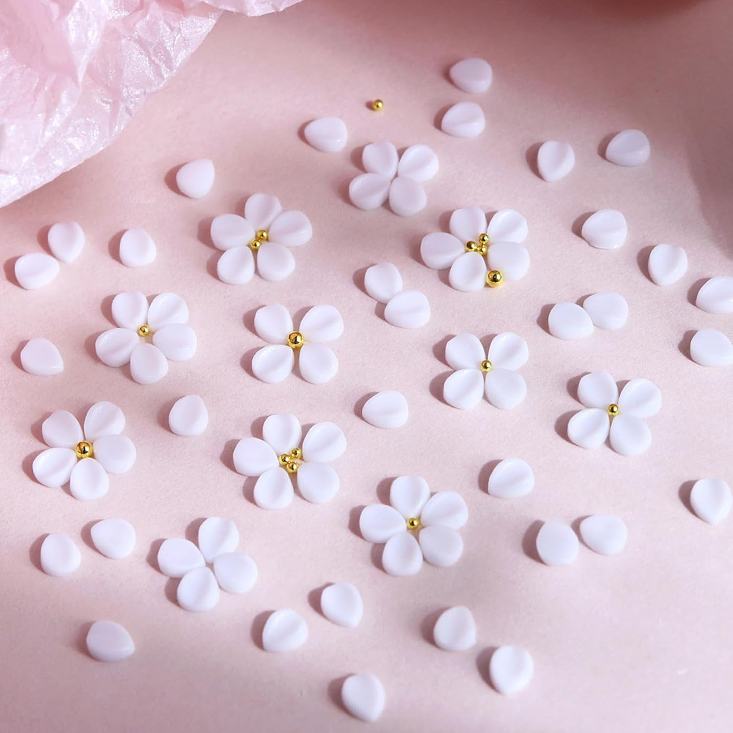 WOKOTO 800 pcs 3D Flower Petal Nail Charms and Gold Metal Beads Charms for Acrylic Nails, Mixed Colored Nail Flower Petal Charms for Nails Gems and Rhinestones, Resin Petal 3D Flowers for Nails