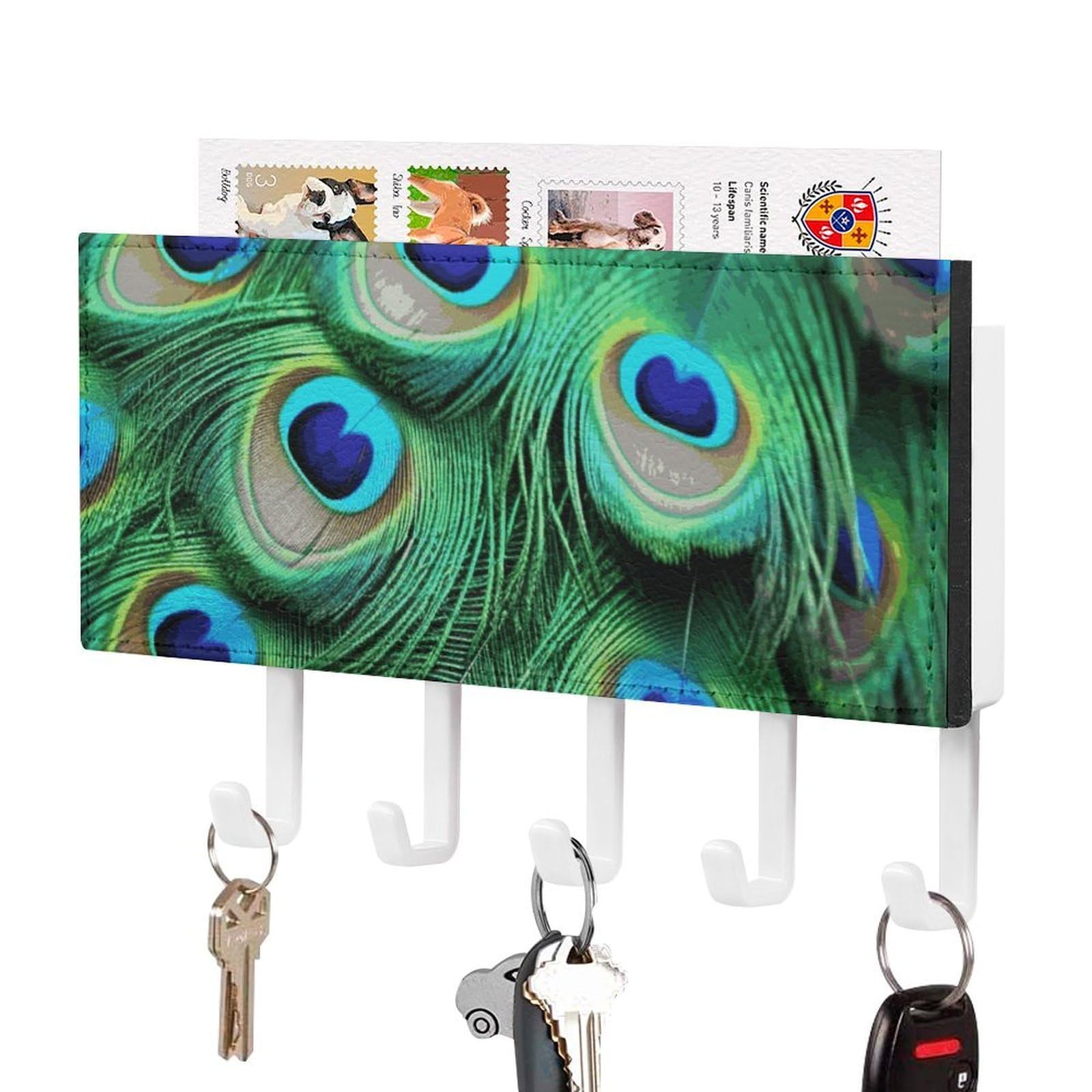 Colgador de llaves de pared con 5 ganchos muy resistentes y práctico diseño de pavo real