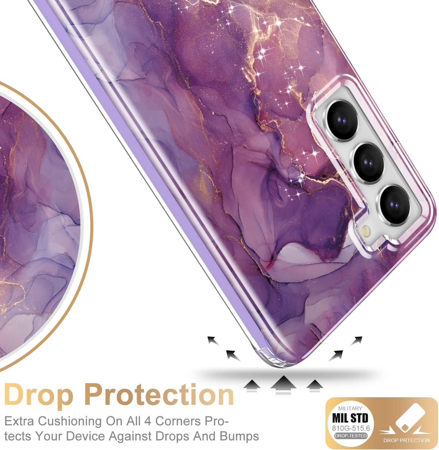 Esdot for Samsung Galaxy S23 Case,Military Grade Passing 21ft Drop Test,Rugged Cover with Fashionable Designs for Women Girls,Protective Phone Case for Galaxy S23 6.1" Glitter Purple Marble