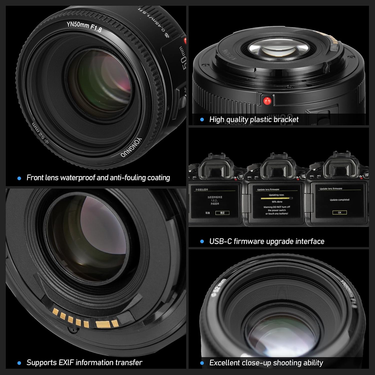 YONGNUO 50mm f1.8 Lens for Canon EF Mount, AF/MF 50 mm 1.8 for Canon Camera Lenses Large Aperture Standard Prime ef Lens for Canon 5D IV 1DX I 200D II 850D 7D 6DII (50mm Black)