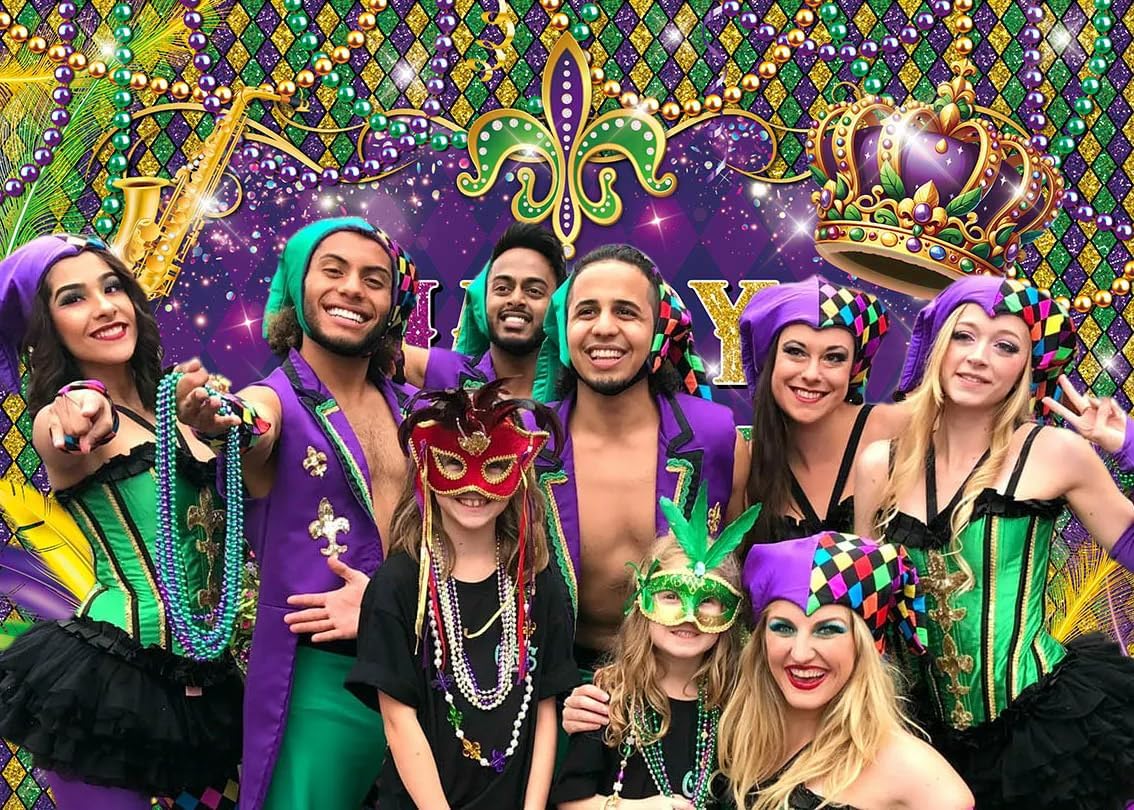 Mardi Gras Birthday Backdrop Mardi Gras Birthday Party Photography Background Carnival New Orleans Masquerade Happy Bday Party Decorations Banner Photo Booth Props (7x5FT(82 x 59 inch))