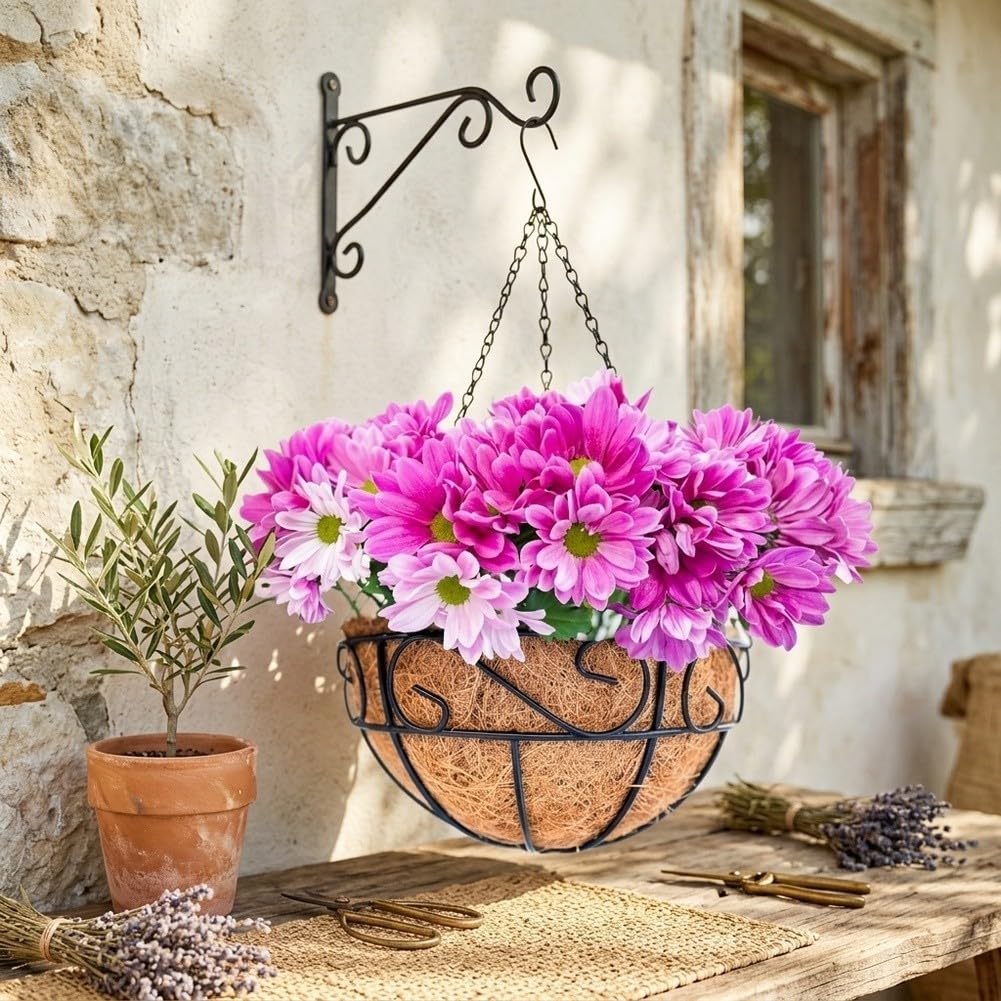 2 Stück Hängeampel Metall mit Kokosfaser Liner, Rustikaler | Blumenkorb für Balkon und Garten, Dekorativer Hängeblumentopf mit Wandhalterung für Pflanzen, Set für Hochzeitsdeko, 12