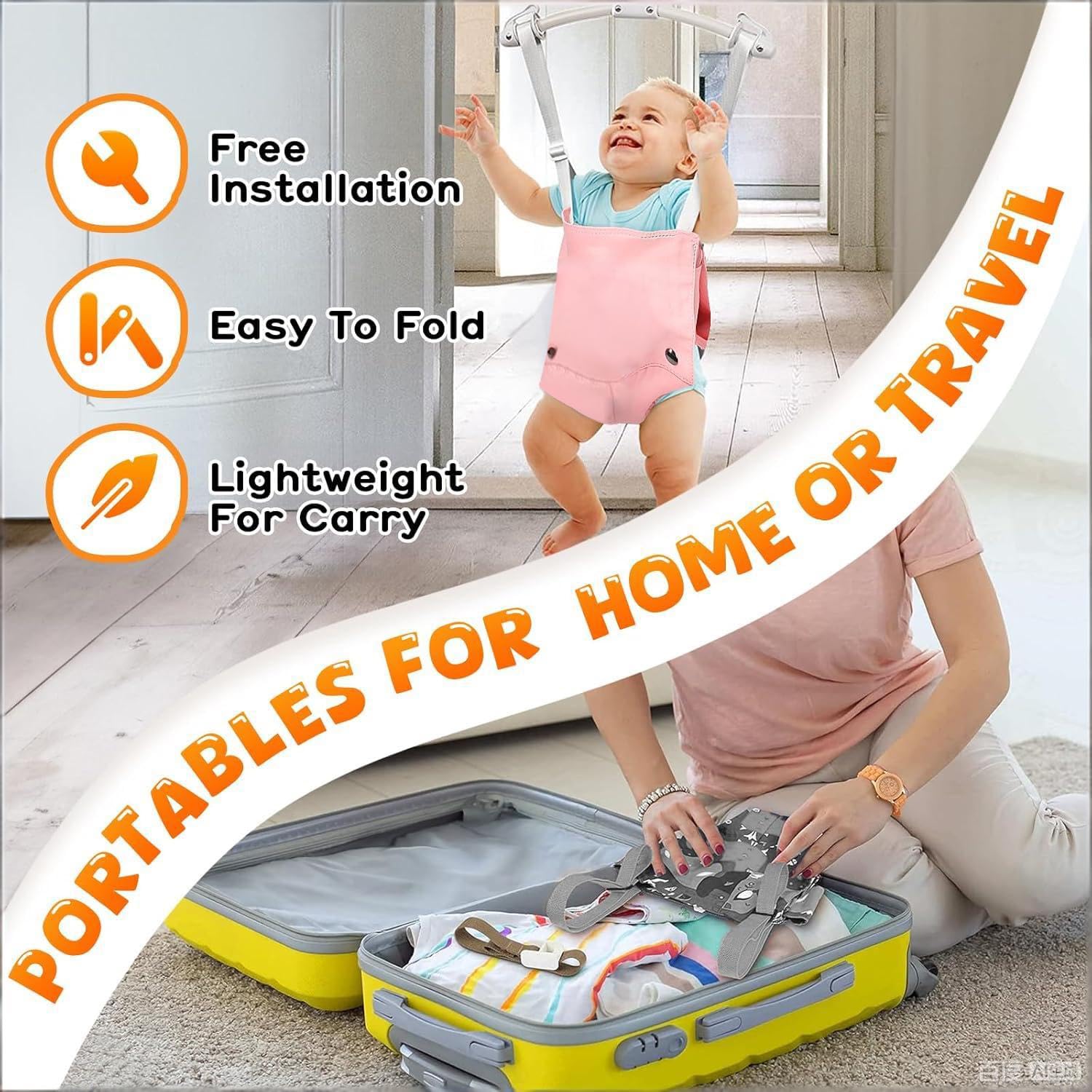 Baby Doorway Jumpers, Portable Doorway Jumper for Baby, Baby Jumper Doorway with Strong Spring & Adjustable Strap, Quick Set Up and Easy to Use (Pink)