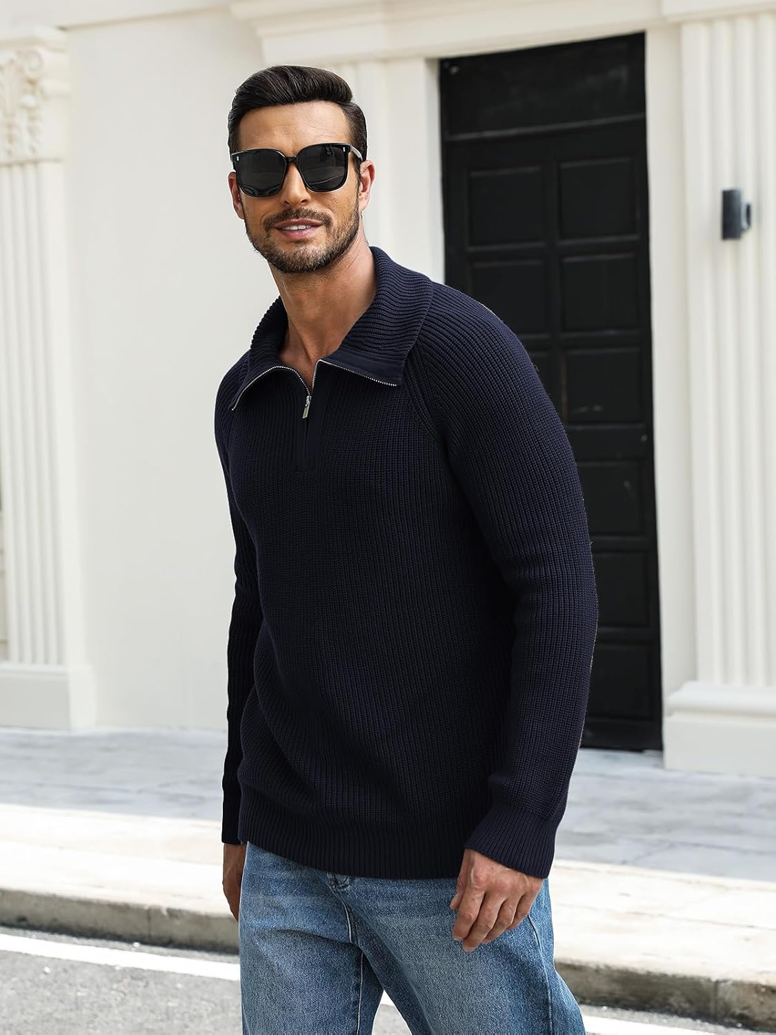 Men's Quarter-Zip Pullover Sweater Slim Fit Lightweight Sweaters Cable Knit Casual Polo Sweater Long Sleeve Sweaters - Image 3