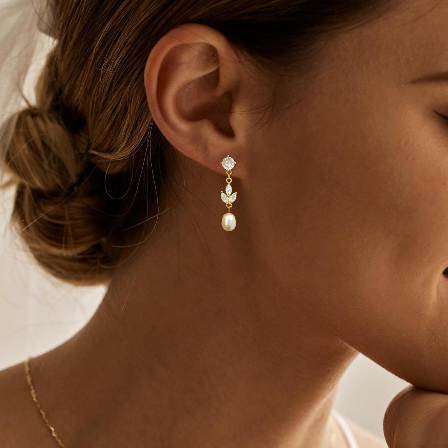 Pearl Earrings for Women Trendy, 14k Gold Plated Freshwater CZ Leaf Pearl Dangle Drop Gold Earrings Lightweight Hypoallergenic Stud Earring Bridesmaid Wedding Gold Jewelry for Women Gifts - Image 2