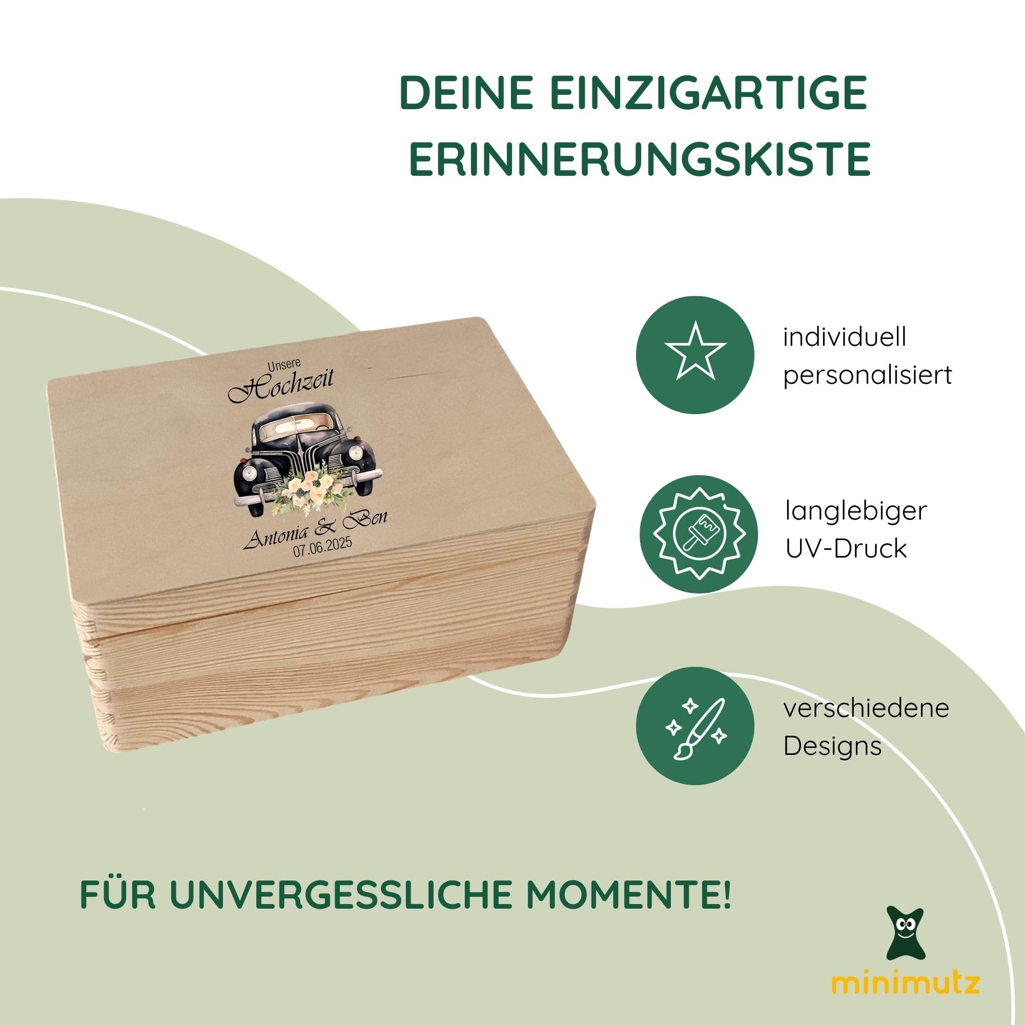 Erinnerungskiste Hochzeit aus Holz - Personalisiert mit Name - Aufbewahrungsbox Hochzeitsgeschenk Geschenkbox L (40x30x13,5 cm) Auto