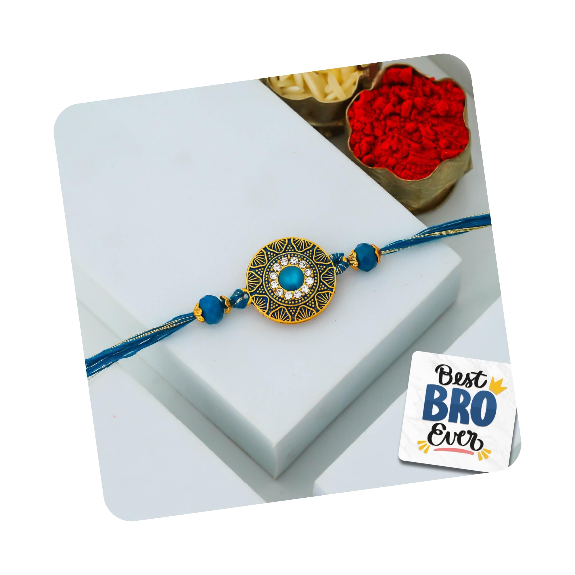 eCraftIndia Golden Blue Beads Diamond Designer Rakhi for Brother | Raksha Bandhan Rakhi for Bhaiya Bhabhi Bhai Kids | Best Bro Ever Fridge Magnet | Roli Chawal Pack-image-48