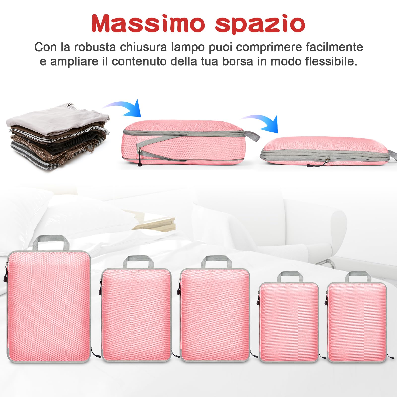 Eucomir Organizer Valigia Set di 9 Cubi da Viaggio,Sacchetti di Organizzatore Estensibile per Organizer Valigia Salvaspazio,Organizer Valigie Viaggio Set,per Viaggi o Deposito per la Casa,Rosa