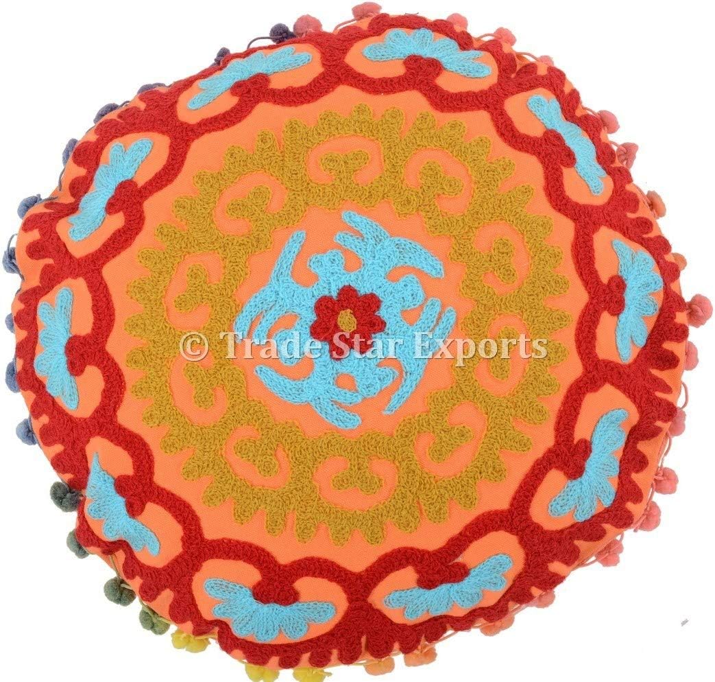 Trade Star 100% Cotton Round Pillow Case Fall Decor Throw Pillow Cover Beautiful Handmade Spring Embroidered Modern Sofa Cushion Cover Decorative Cushion Cover with Pom Pom for Home Decor 16" Inches