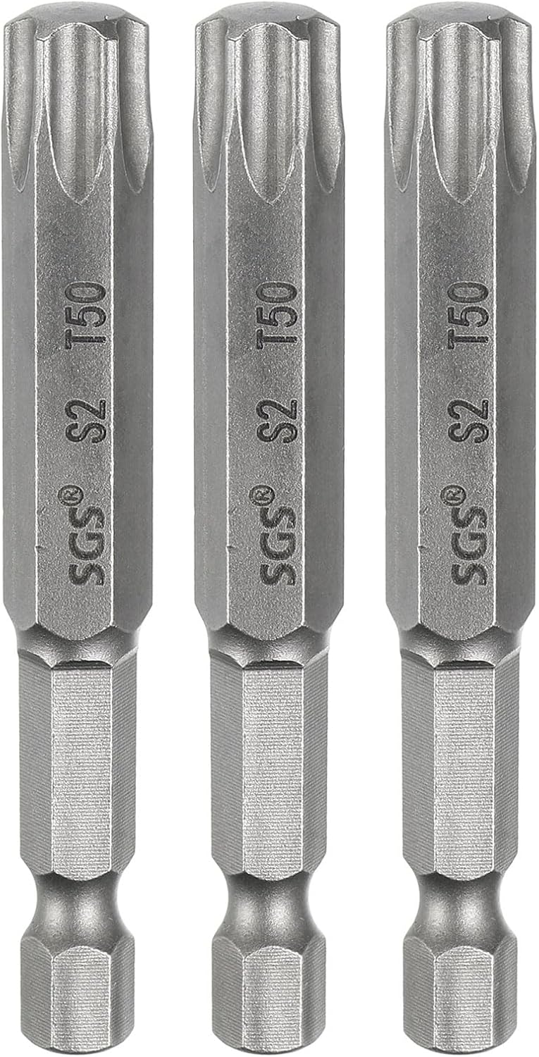 HARFINGTON 3pcs T50 Torx Head Screwdriver Bit 1/4" Hex Shank 2.6" (65mm) Long Magnetic No Hole Tip Tamper Proof 6 Point Star Screw Driver Drill Bits S2 Steel Industrial Power Screwdrivers