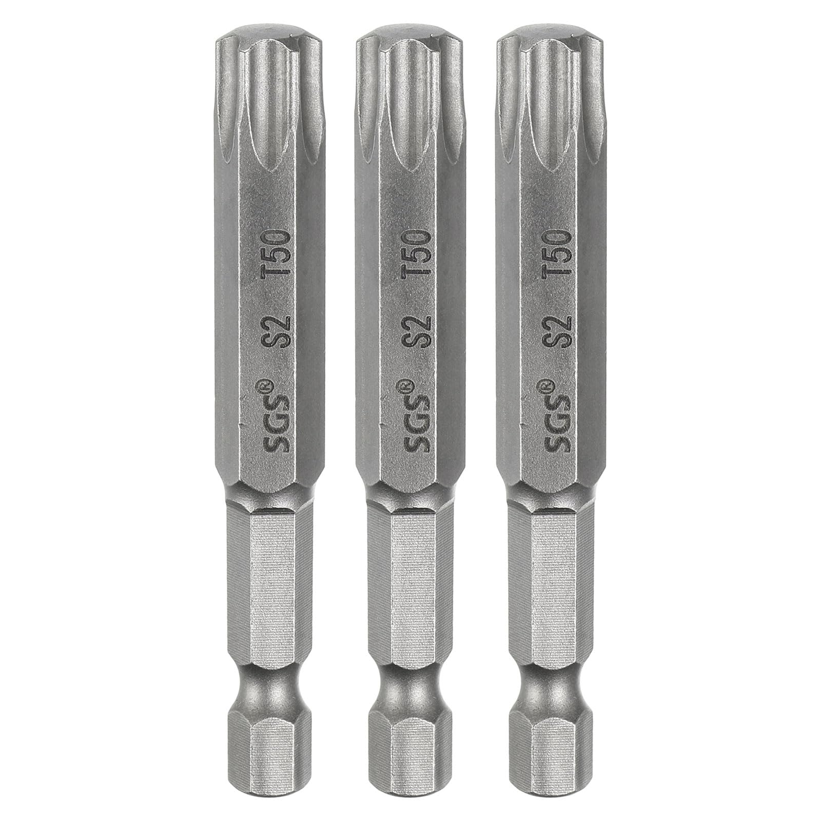 sourcing map 3pcs T50 Torx Head Screwdriver Bit 1/4" Hex Shank 2.6" (65mm) Long Magnetic No Hole Tip Tamper Proof 6 Point Star Screw Driver Drill Bits S2 Steel Industrial Power Screwdrivers