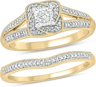 1/5 CT Natural Diamond Bridal Ring Set | 14KT & 18KT Gold Vermeil Diamond Wedding & Engagement Rings | Promise Ring for Her | Halo Wedding Rings for Women in White Yellow or Pink Gold