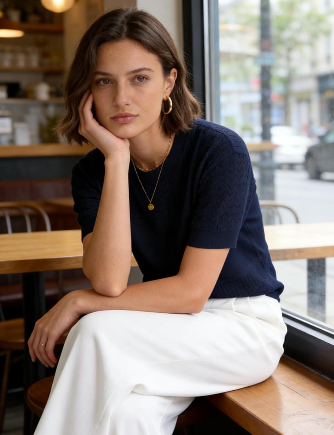 Short Sleeve Sweater for Women 2026 Spring Summer Crew Neck Eyelet Knit Shirts Loose Fit Lady Casual Blouse Tunics - Image 2