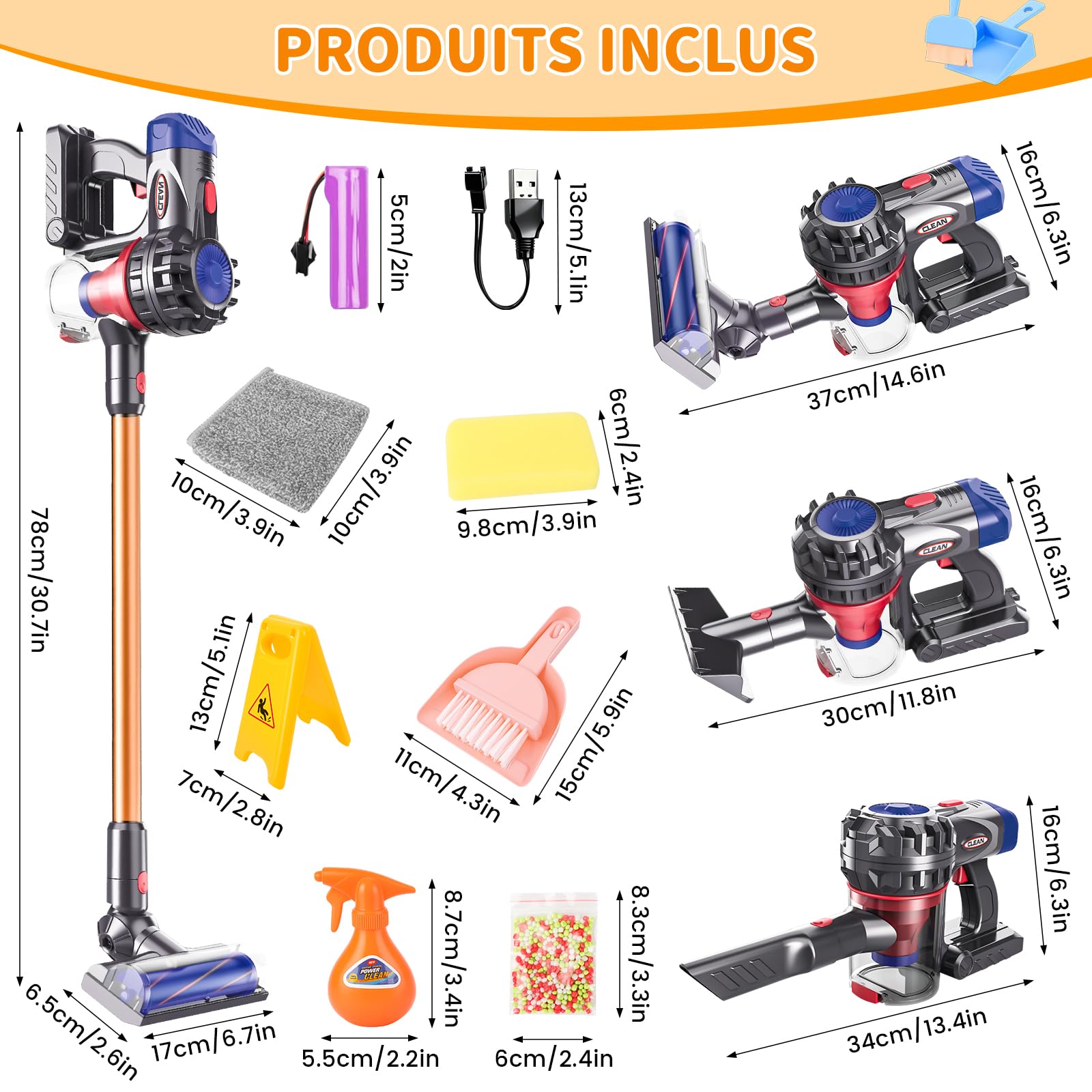 Aspirateur Électrique Jouet, 3-en-1Aspirateur Enfant Fonctionnel, Kit Menage Enfant Vrai Aspirateur, Jouet Éducatif pour Cadeau pour Garçons et Filles de 3 à 6 Ans