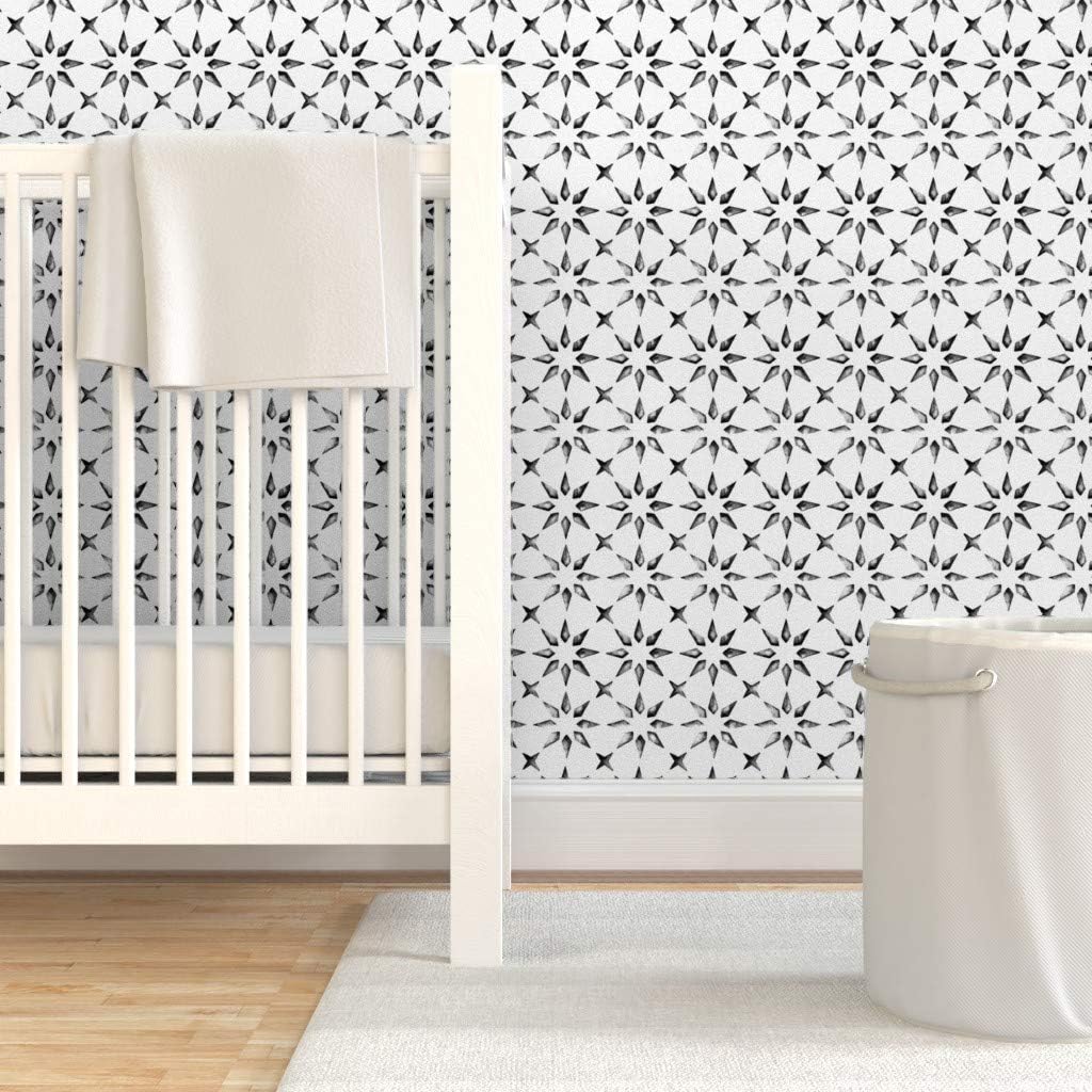 Peel & Stick Wallpaper 3ft x 2ft - Watercolor Tile Moroccan Black White Custom Removable Wallpaper by Spoonflower
