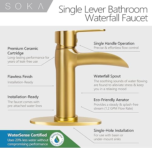 Miniatura 6 de Grifo dorado para lavabo de baño con cascada, grifo de lavabo de un solo orificio con drenaje emergente, grifo moderno para fregadero de tocador