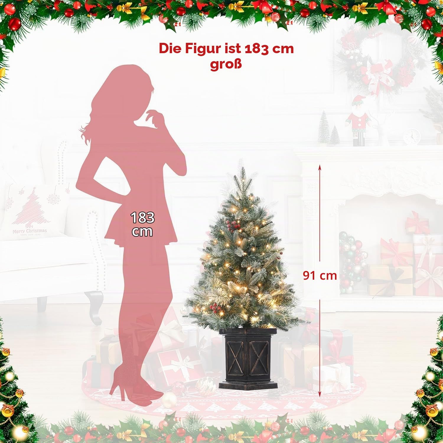 Weihnachtsbaum Künstlich 90 cm Mit 78 Beleuchtung, Snow Flocked Künstlicher Weihnachtsbaum Batteriebetrieben Pre-Lit Weihnachten Deko Für Zuhause, Büro, Vintage Topfbasis