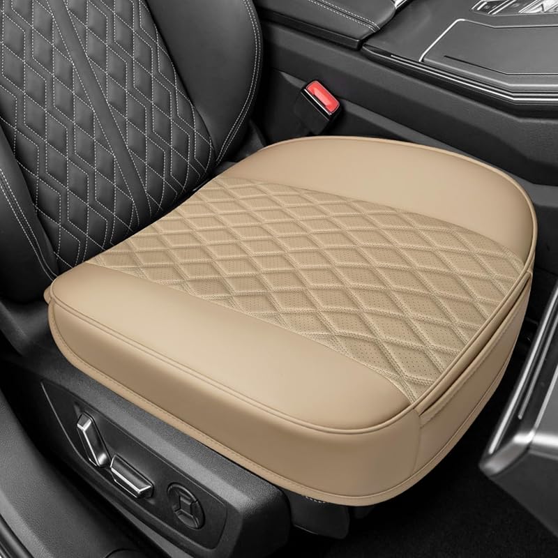 Leather Front Car Seat Covers, Car Bottom Seat Cover, Beige | Anti Slip Leather Auto Front Seat Cushion Cover with Storage Pocket, Waterproof Bottom Auto Seats Cushion Pad Mat for Cars