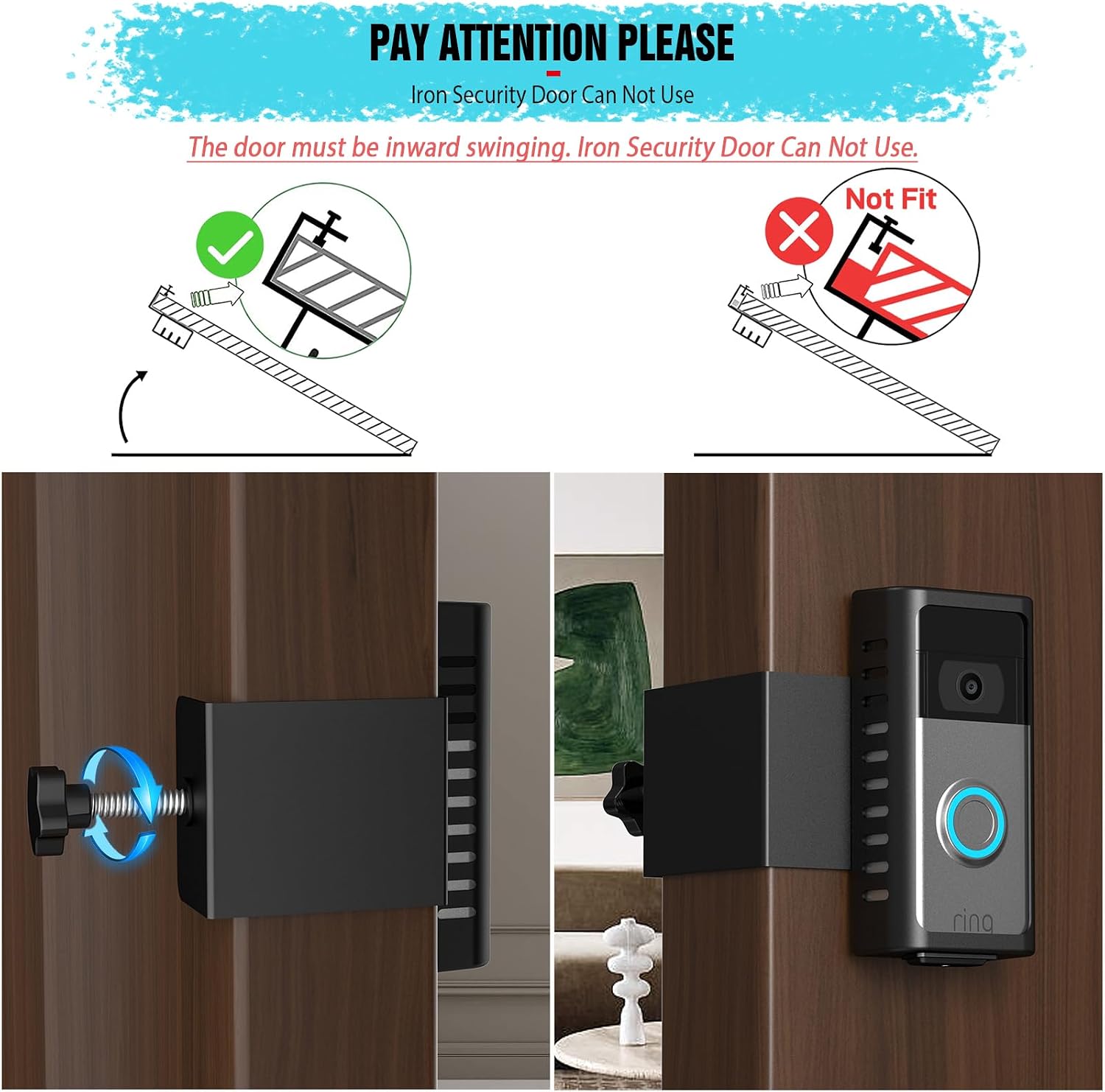 Anti-Theft Doorbell Door Mount for Battery Video Doorbell 2/3/4/(2020 Release)/(2024 Release)/Plus/Pro, No-Drill Steel Metal Doorbell Mounting Bracket Accessories for Apartment, Home, Business