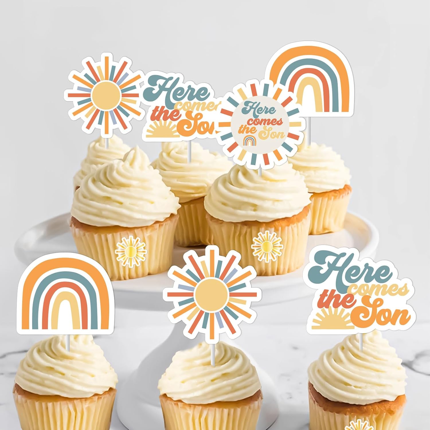 Here Comes the Son Baby Shower Decorations Cake Topper 24Pcs Retro Sunshine Baby Shower Decorations Cake Toppers Boy You Are My Sunshine Baby Shower Cupcake Topper Boho Sun Baby Shower