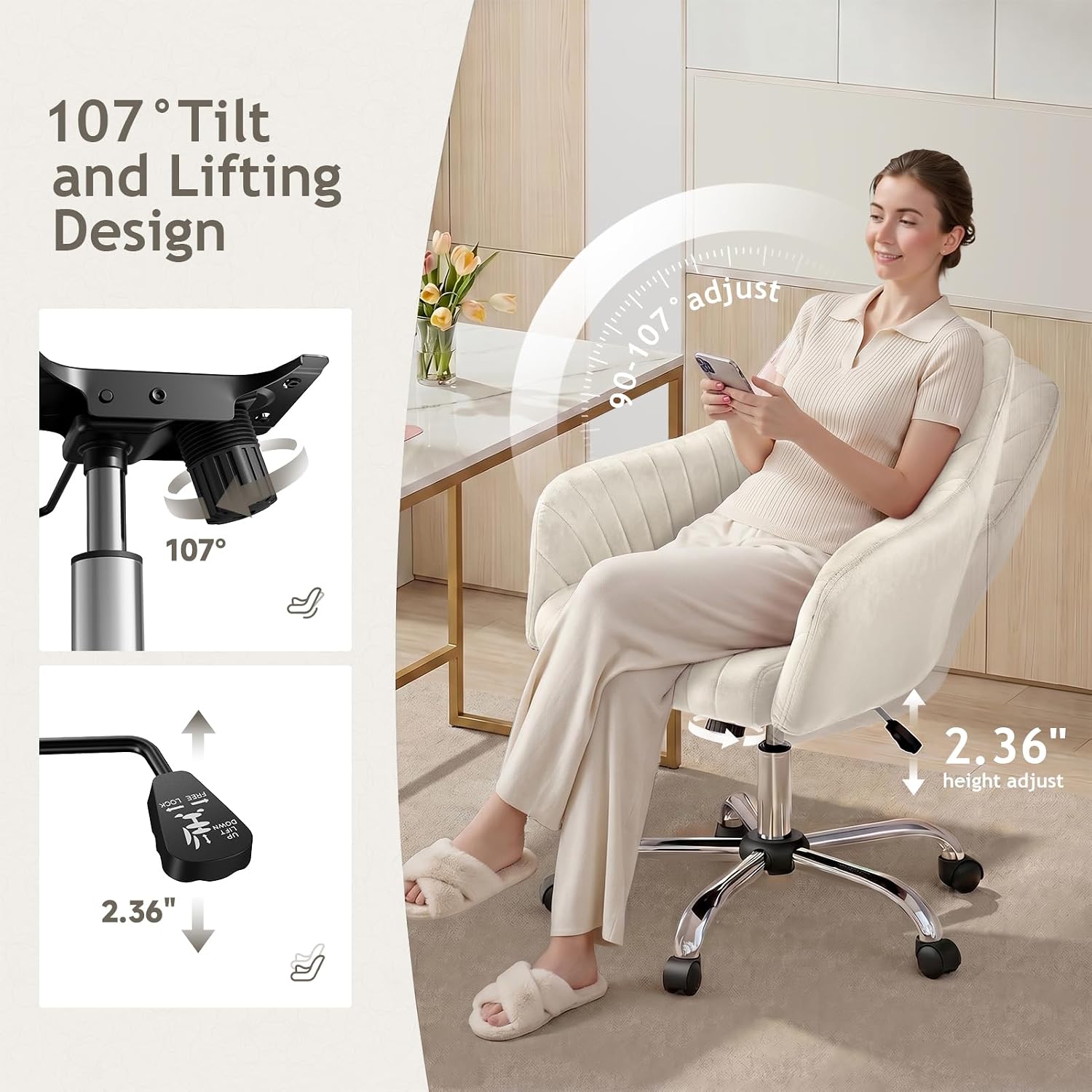 Warmiehomy Desk Chair, Velvet Vanity Chairs with Back, Luxury Reading Chair for Home Office, Ergonomic Office Chair with Wheels for Working (Cozy Beige)