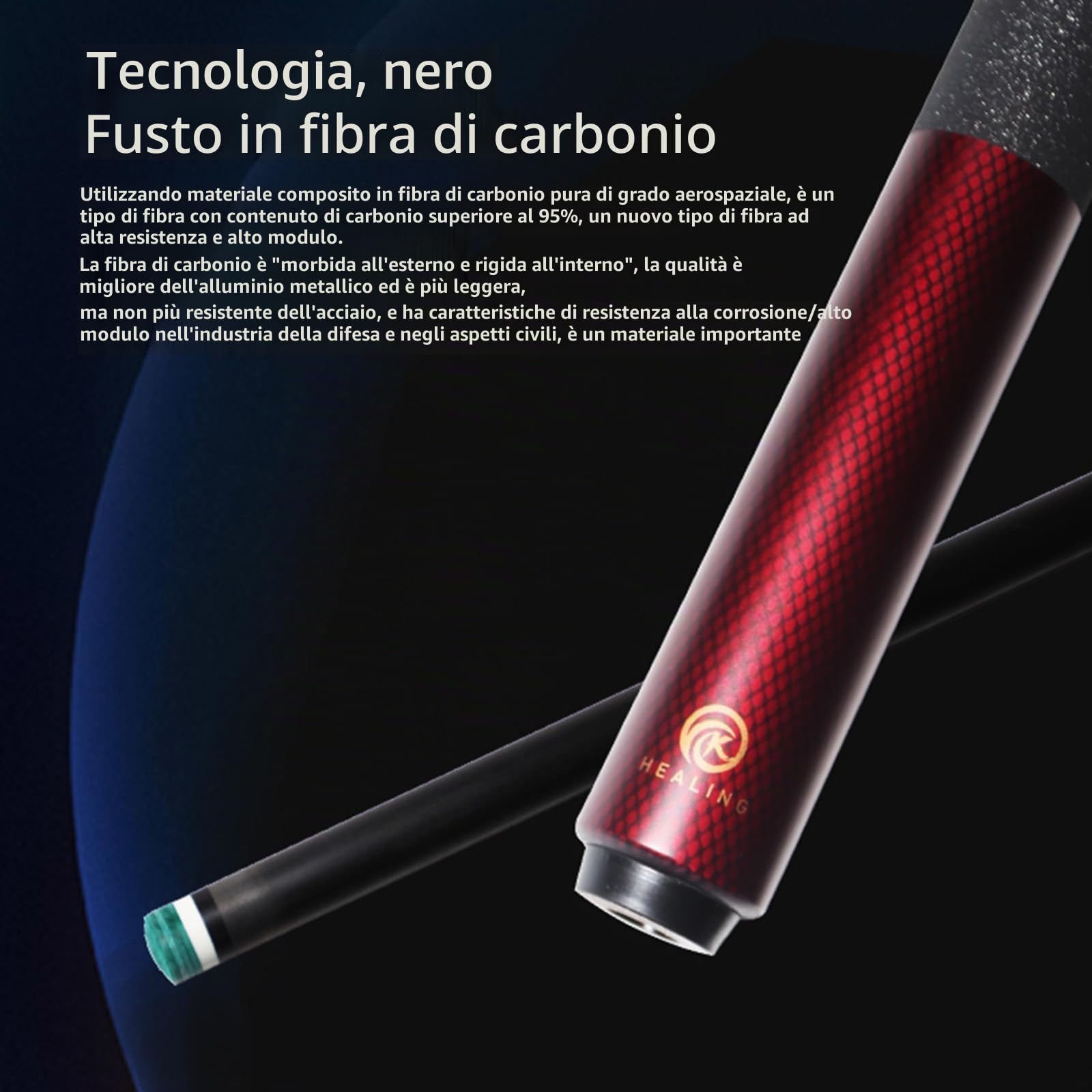 KHEALING Stecca da biliardo in fibra di carbonio, punta da 12,5 mm, buona resistenza, stecca da biliardo professionale, stecca da 58 pollici, adatta per sala biliardo e intrattenimento domestico