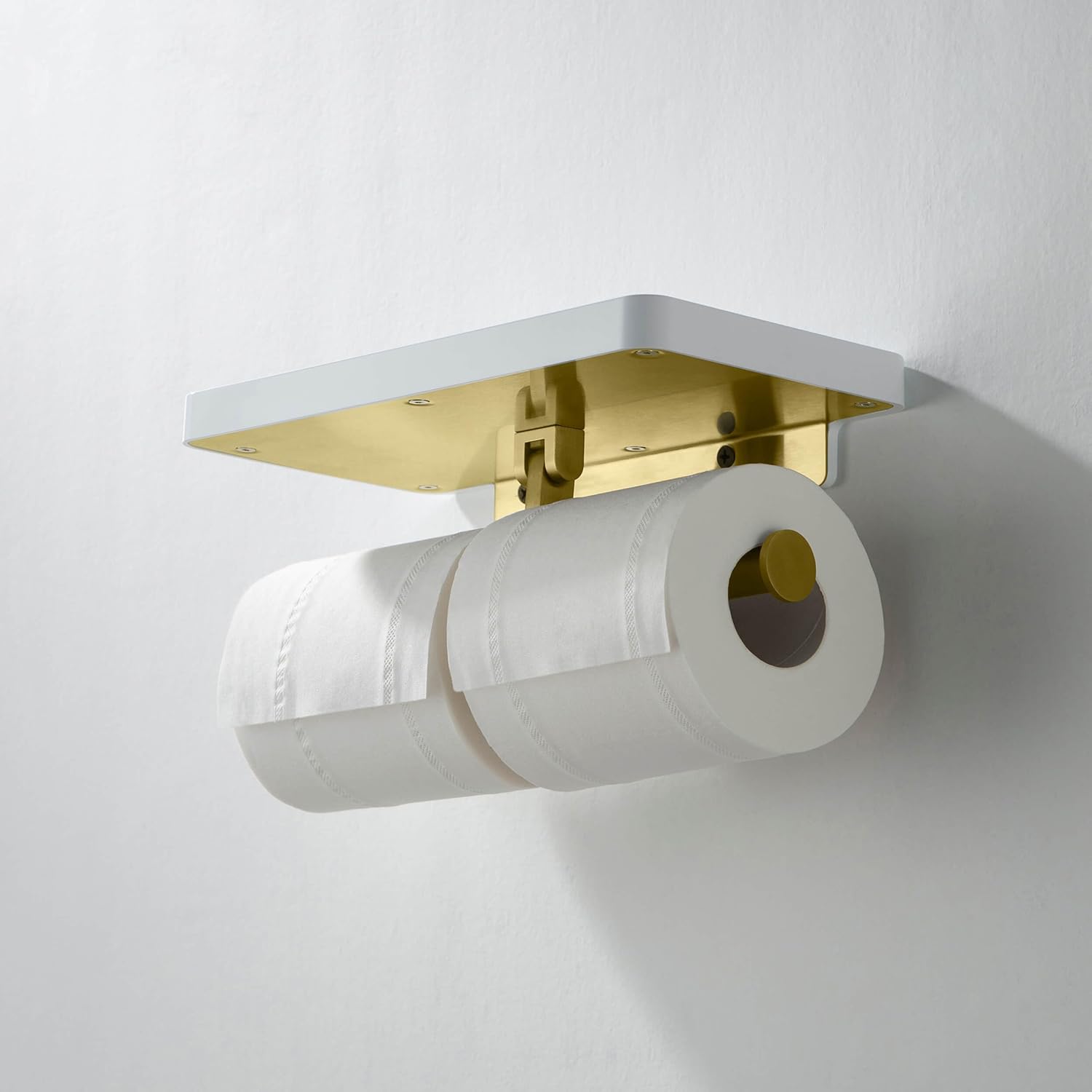 KIBI Deco Double Roll Toilet Paper Holder with Storage Shelf – Wall Mounted Bathroom Tissue Paper Hanger– Solid Brass, Modern Design, Rustproof & Durable (Brushed Gold, KBA1208)