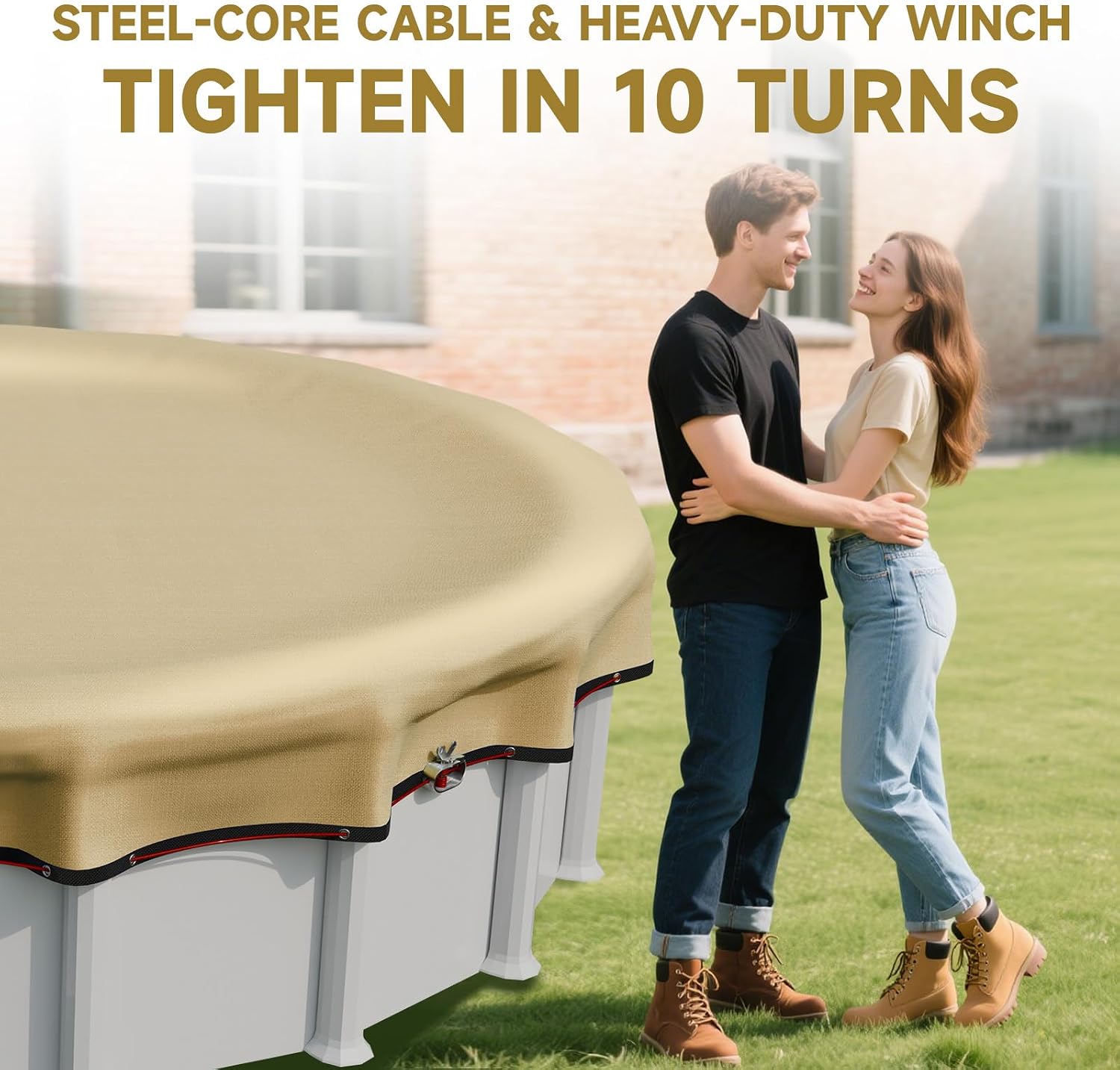 [Upgraded] 21ft Round Winter Pool Covers for Above Ground Pool Cover 21FT Cover + 4FT Overlap - 500D Windproof with Steel Cable & Heavy Duty Winch - Swimming Pool Winter Cover Beige