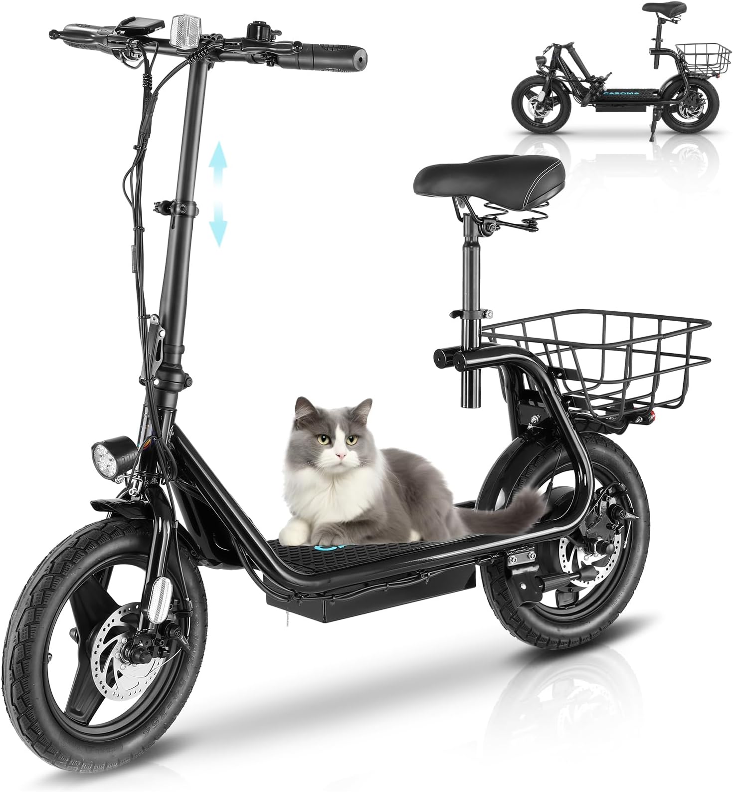 Caroma Peak 500W/800W/1200W Electric Scooter for Adults with Seat,14" Fat Tire,15/25/30 Miles Long Range& 20MPH Top Speed,Commuting with Basket & Shock Absorbing, Dual Disc Brakes Foldable Ebike