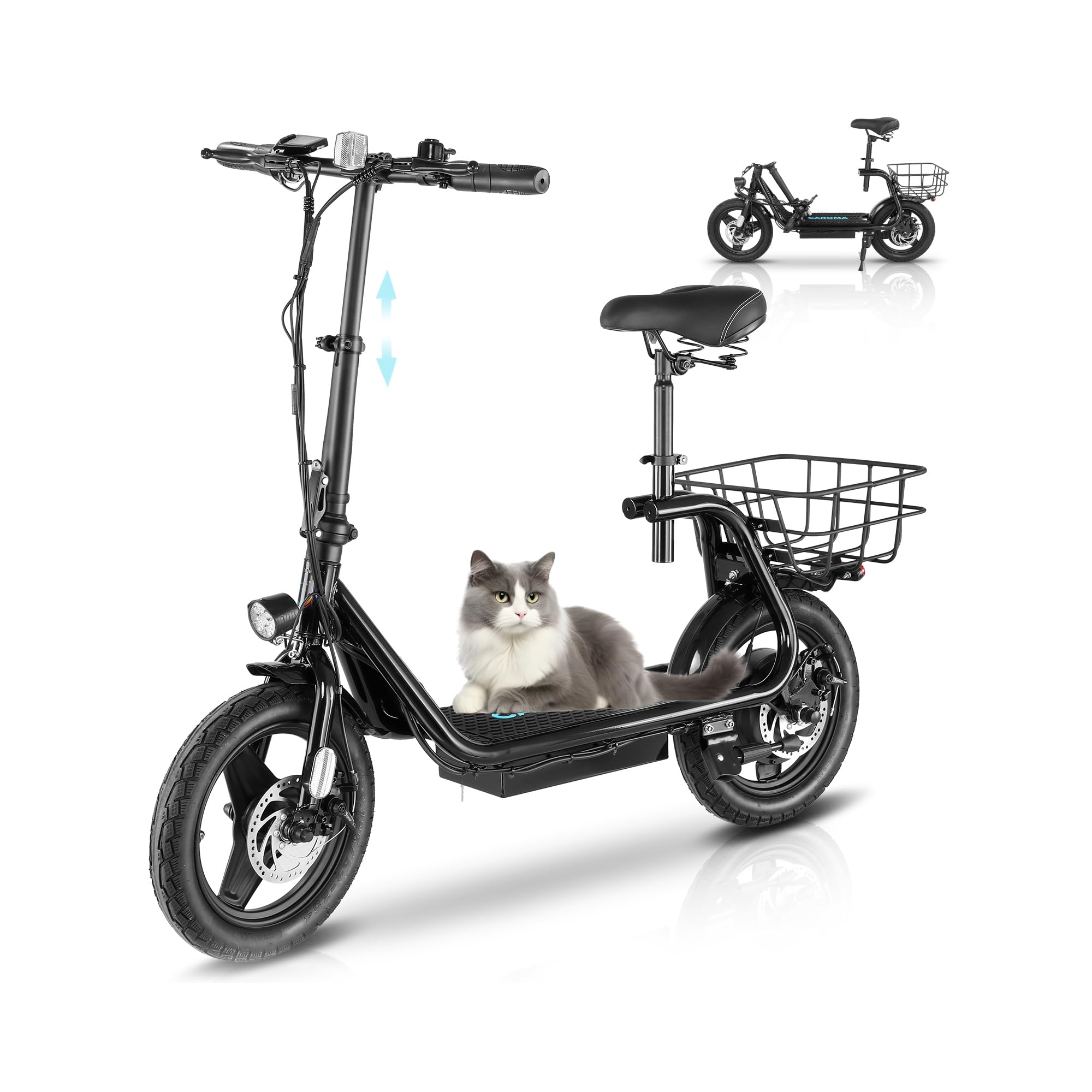 Caroma Peak 500W/800W/1200W Electric Scooter for Adults with Seat,14" Fat Tire,15/25/30 Miles Long Range& 20MPH Top Speed,Commuting with Basket & Shock Absorbing, Dual Disc Brakes Foldable Ebike