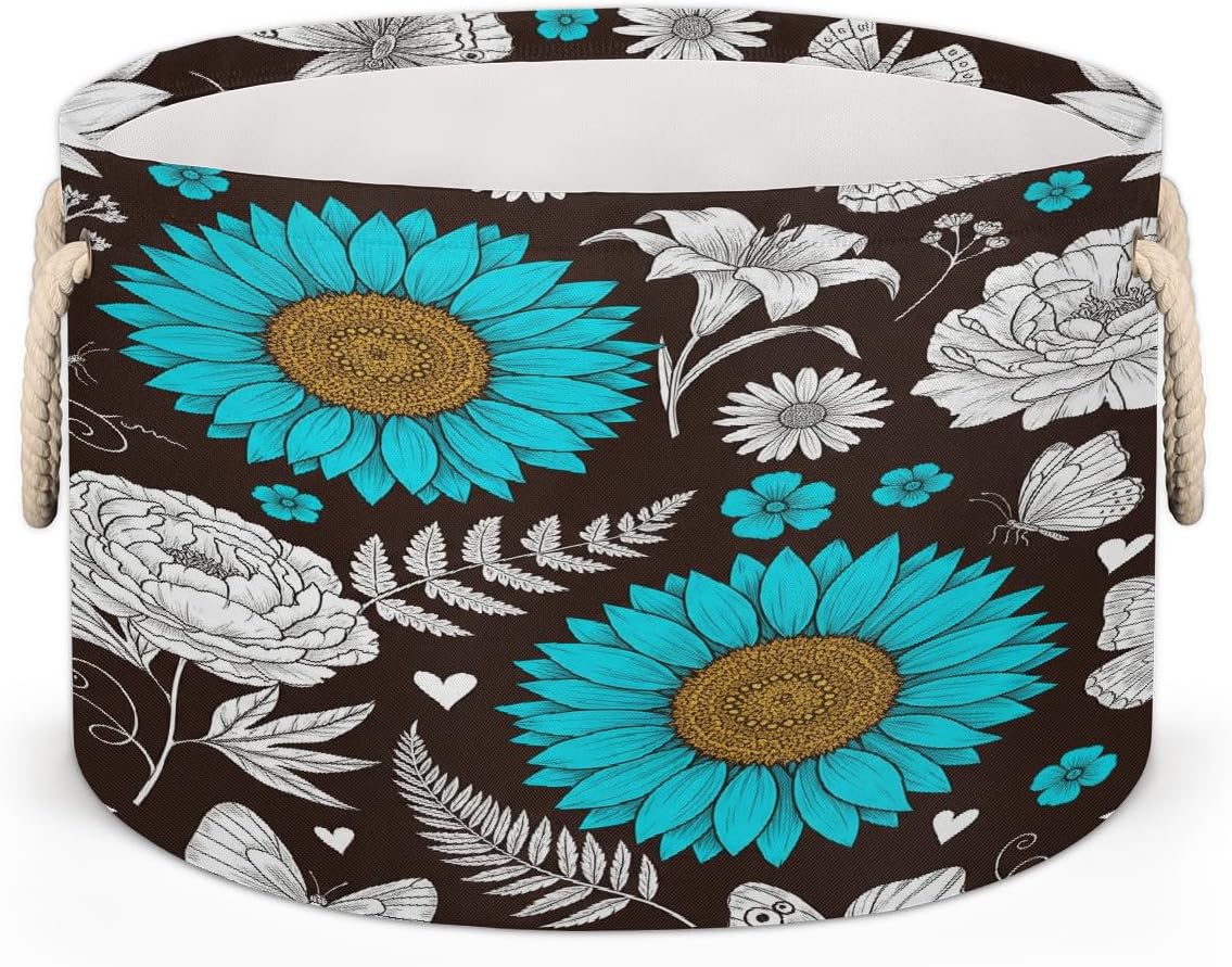 Large Storage Baskets - Rose Daisy Nursery Round Collapsible Organizer Bin Box, Laundry Hamper for Kids Toys, Blanket, Bedroom Living Room Home Decor, Gift Basket, 19.4"x13.3"