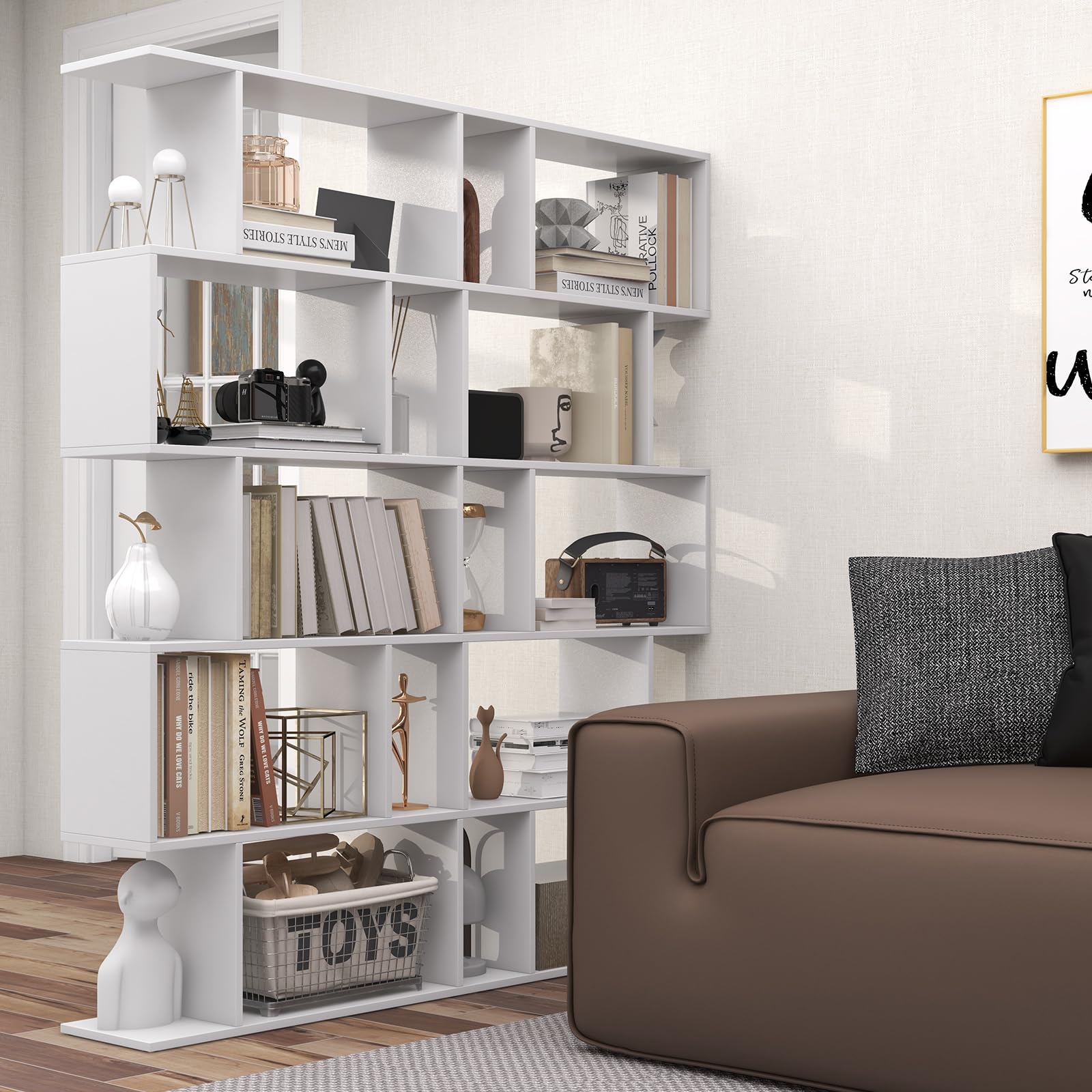 HOMASIS Libreria a Forma di S, Scaffale di Stoccaggio con 5 Livelli, Libreria Scaffale da Terra in Legno, Scaffale Divisorio Verticale per Soggiorno, Camera da Letto, Ufficio, 70x23,5x158cm (Bianco)