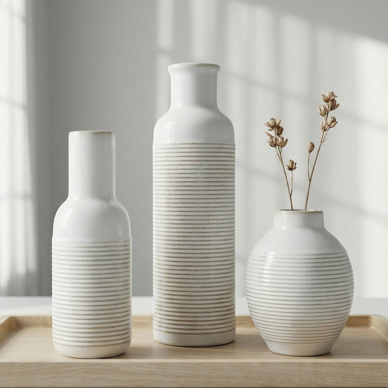 Rustic Farmhouse Vase Set of 3 - Ceramic Decorative Modern Flowers Vases Home Decor - Pampas Grass Dried Fresh Flowers - for Centerpiece, Table, Mantel Entryway, Living Room, Kitchen, Bedroom