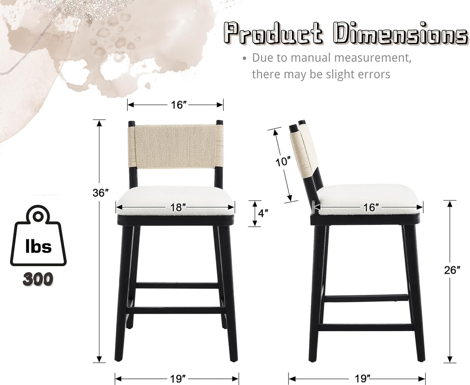 EALSON Rattan Modern Farmhouse Bar Stools Set of 4 Wooden Barstools with Woven Rope Backs 26 Inch Counter Stool Boucle Upholstered Breakfast Bar Chairs for Kitchen Island, Black and White