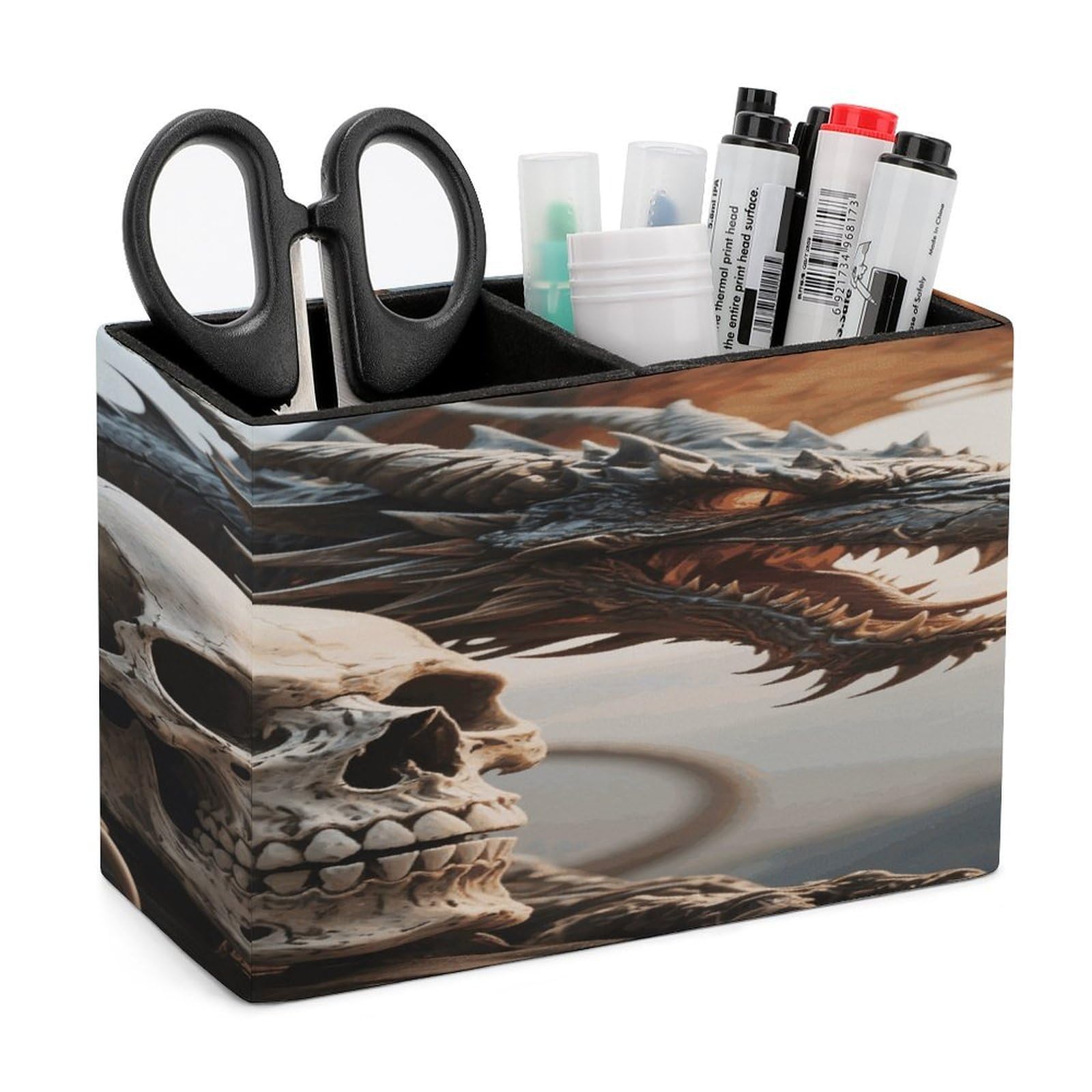 LDGSUPH Skull & Dragon Leather Pen Holder for Desk Organizer Caddy Large Pencil Cup Multi-function Pencil Holder Makeup Brush Holders Pen Organizer for Home Office Storage Box