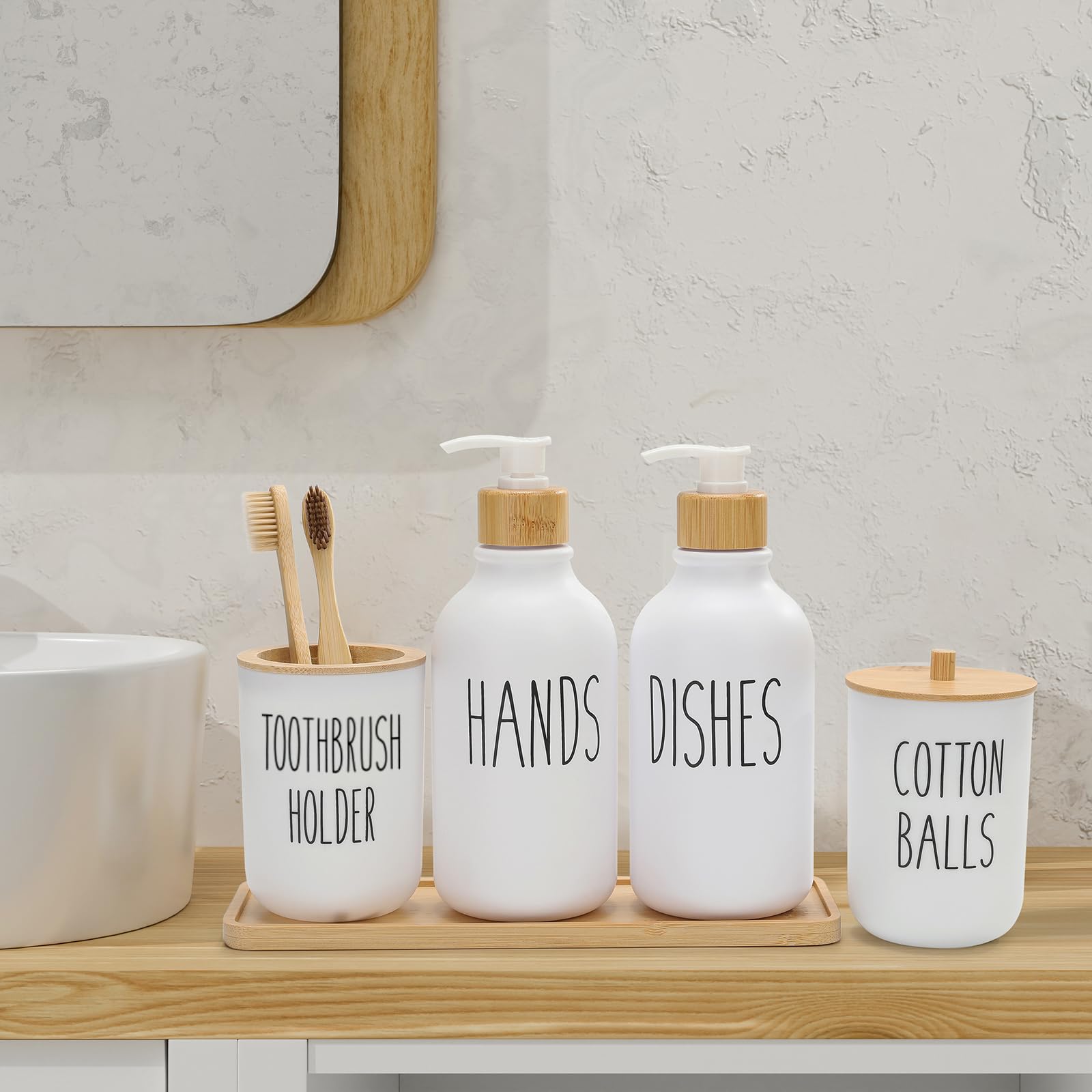 Set Accessori Bagno 6 Pezzi FEILANDUO - Portasapone, Spazzolino, Vassoio, Stile Boho Bianco - Foto 11