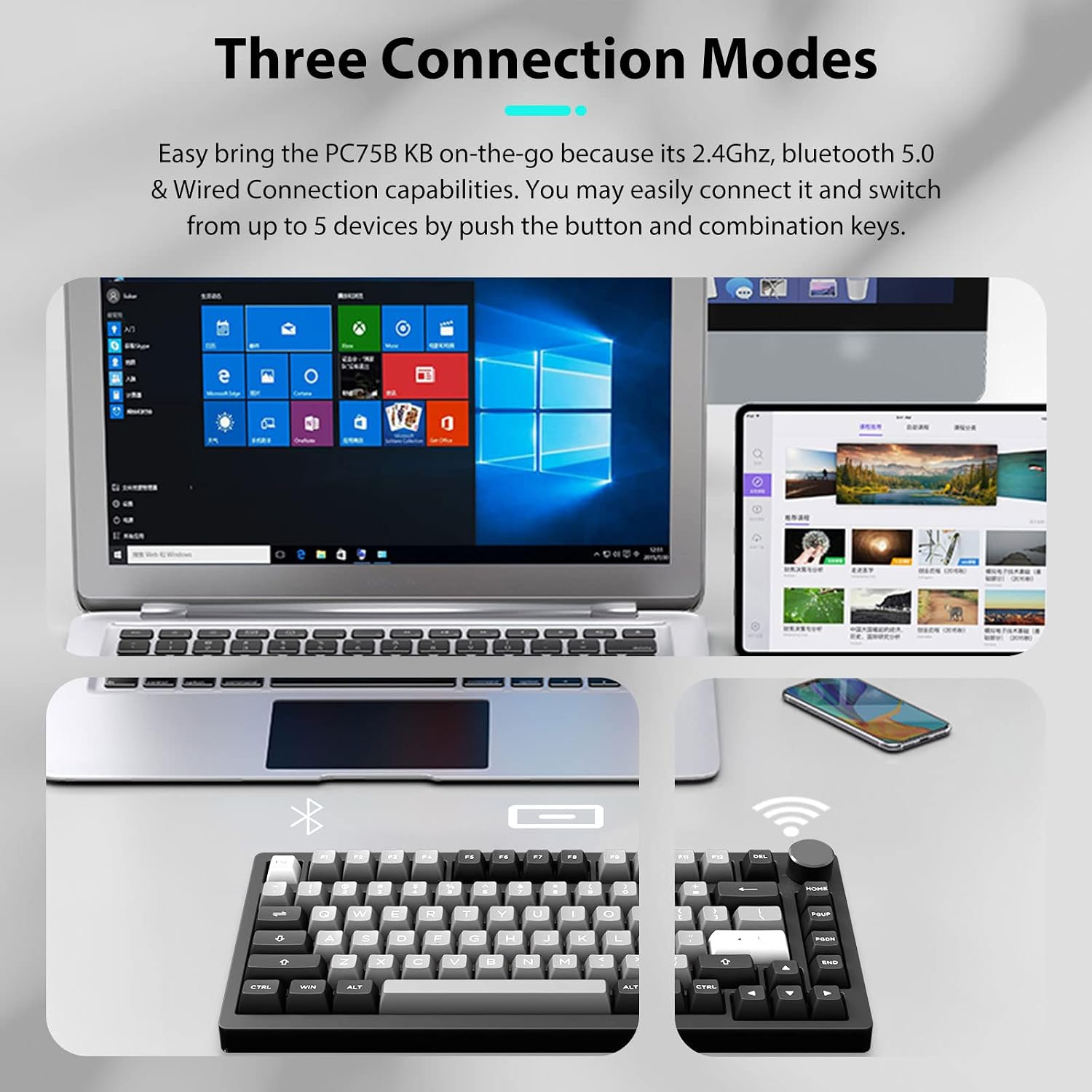 EPOMAKER AKKO PC75B Plus Hot Swappable RGB Mechanical Gaming Keyboard, Bluetooth 5.0/2.4Ghz/USB-C Wired PC Keyboard, with Knob Control,3000mAh Battery for Win/Mac/Linux(AKKO Jelly Black Switch)