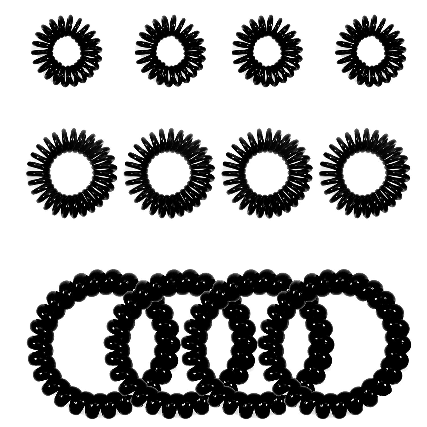 12pcs Spiral Hair Ties Black No Crease Phone Cord Coils for Women No Damaged Rubber Bands for Hair Ponytail Holders 0.98 Inch 1.18 Inch 2.16 Inch