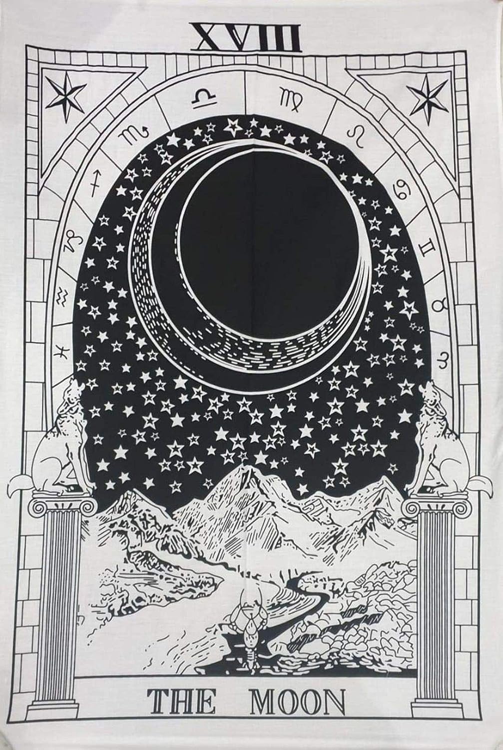 AOUDICHYA Tapestry Wall Hanging The Moon Tarot Psychedelic Tapestry Hippie Tapestry Indian Mandala Wall Hanging Tapestry Cotton Wall Hanging Poster (Black & White, 40 X 30 Inches)