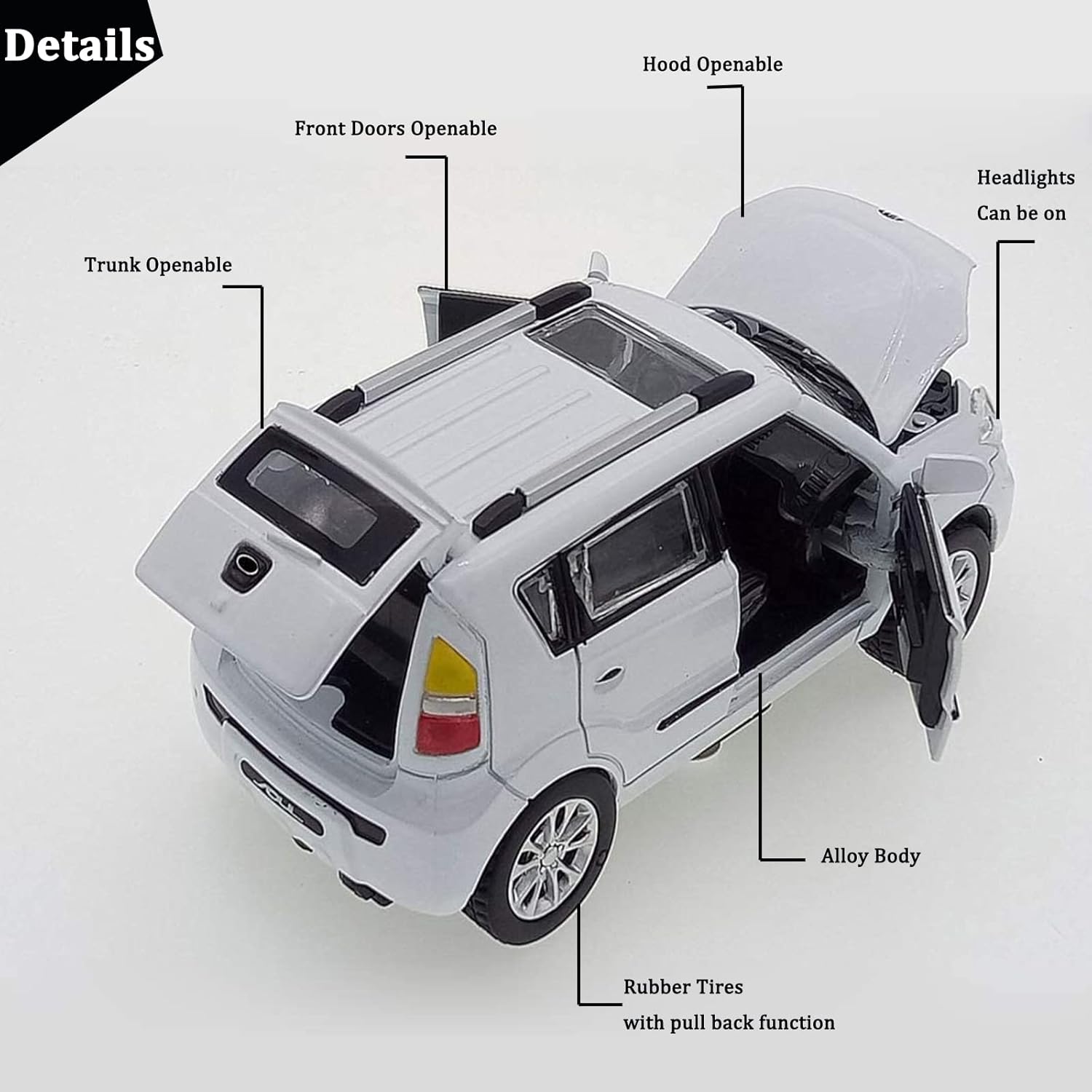 Toy Cars Diecast Car Models Soul Hatchback Model Cars,Pull Back Cars,Boxy Car Toy with Sound and Light for 3+ Year Old Boys(White)