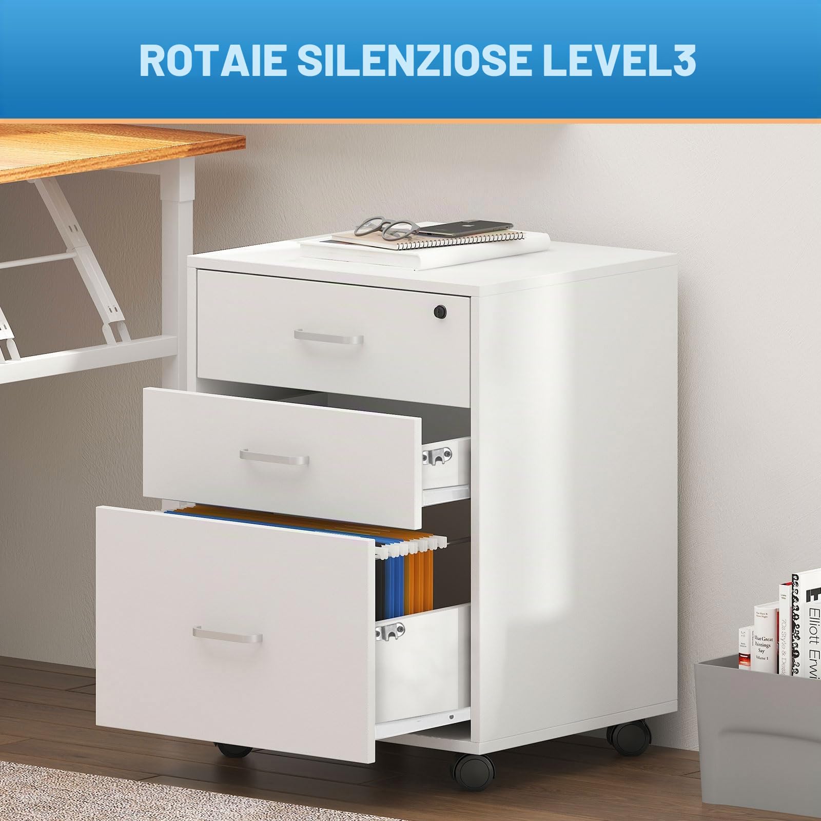 SogesHome Cassettiera da Ufficio Studio Scrivania Armadio per Archiviazione su Rotelle Mobile Contenitore con Serratura con 3 Cassetti, Bianco