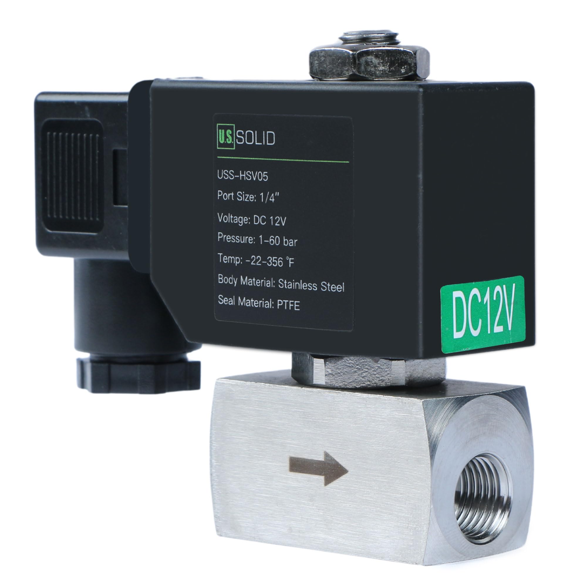 U.S. Solid Válvula Solenoide de Alta Presión - 1/4" 60 Bar Acero Inoxidable 12V DC, Alta Temperatura, Electroválvula Solenoide, -30-180 ℃