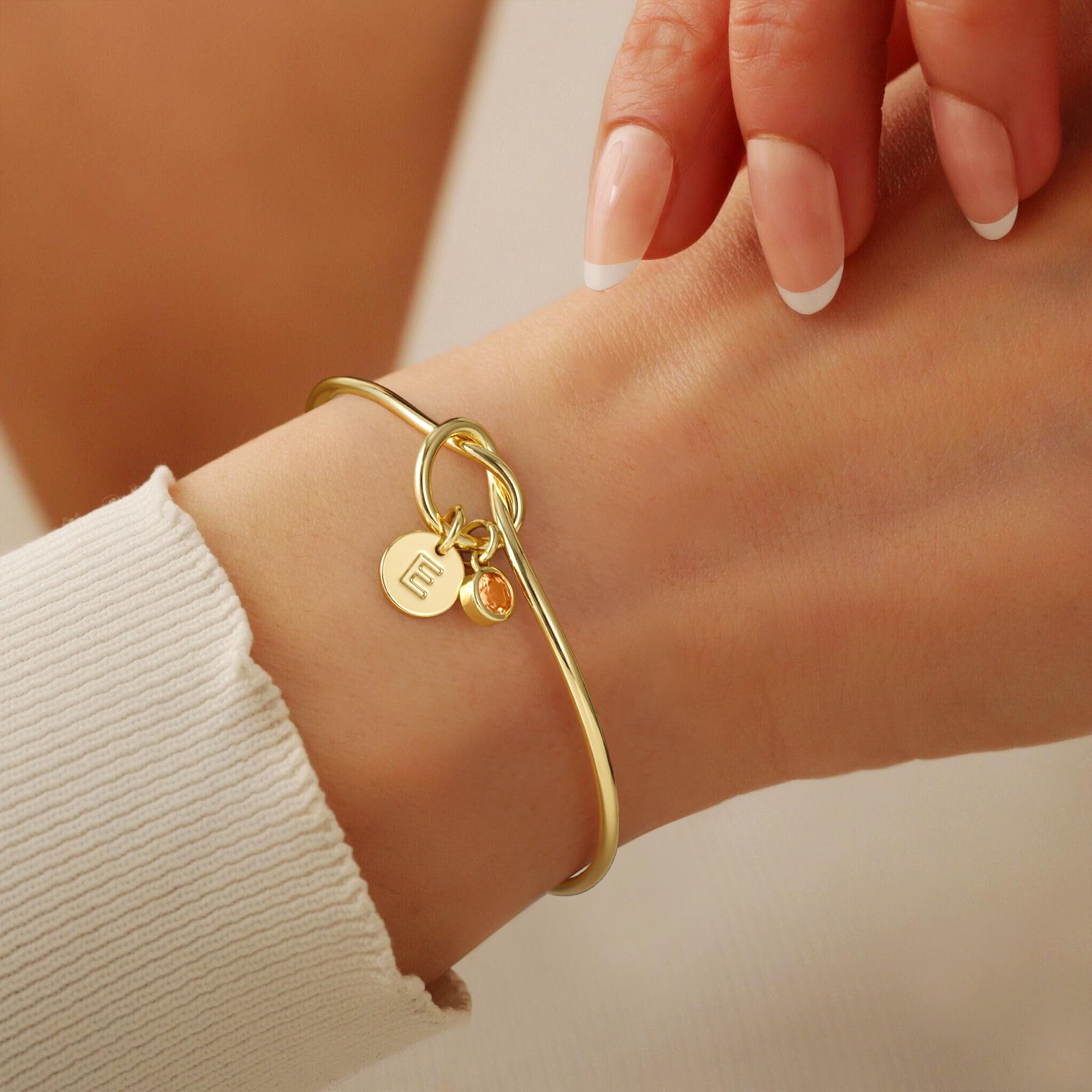 Turandoss Initial Created Birthstone Bracelets for Women Trendy - Dainty 14K Gold Plated Initial Birthstone Knot Cuff Bangle Bracelet - Jewelry Birthday Bridesmaid Proposal Gifts for Women Teen Girls
