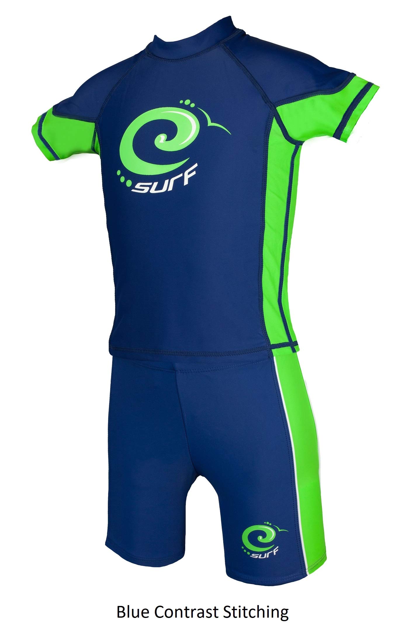 Camiseta de protección solar para niños con protección UV y bañador UPF 50+ azul y verde.