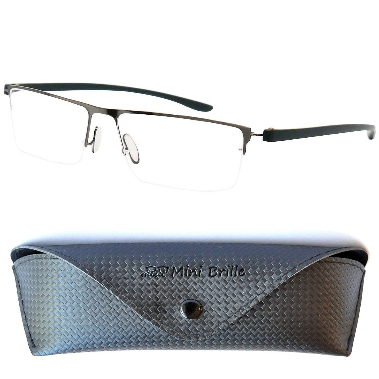 Mini Brille® Half Frame Metal Reading Glasses with Rectangle Lenses, FREE Case, Lightweight Stainless Steel Frame, Women and Men Reading Glasses