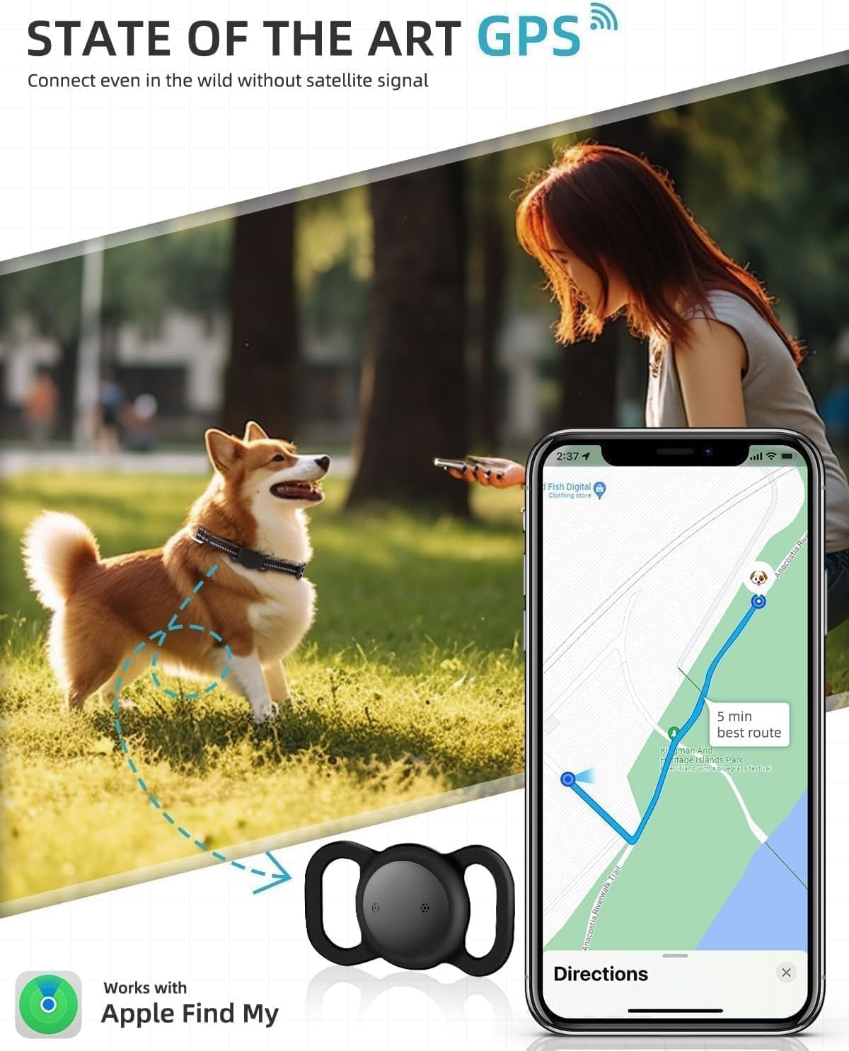 GPS Tracker for Dogs (1 Pack), Mini GPS Cat Tracker, Smart Pet Activity Tracker (iOS Only), No Monthly Fee, Compatible with Apple Find My, Anti-Lost, Finder Tag for Vehicles/Pets/Items/Kids