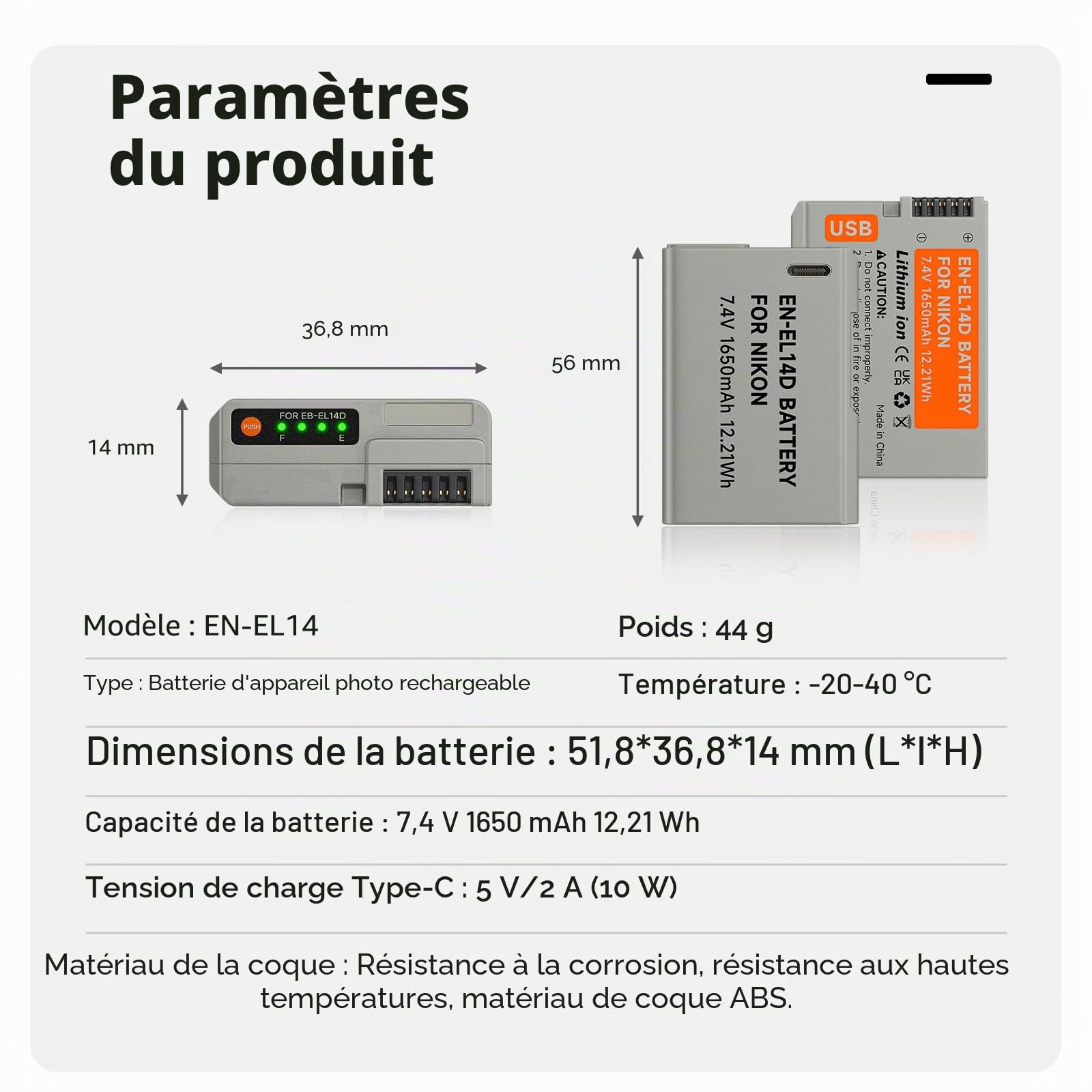 1650mAh ENEL14 Batterie de Rechange avec Câble de Charge USB-C pour Nikon D5600, D5100, D5200, D5300, D5500, D3100, D3200, D3300, D3400, D3500, P7000, P7100, P7200, P7700, P7800, DF (2Pcs)
