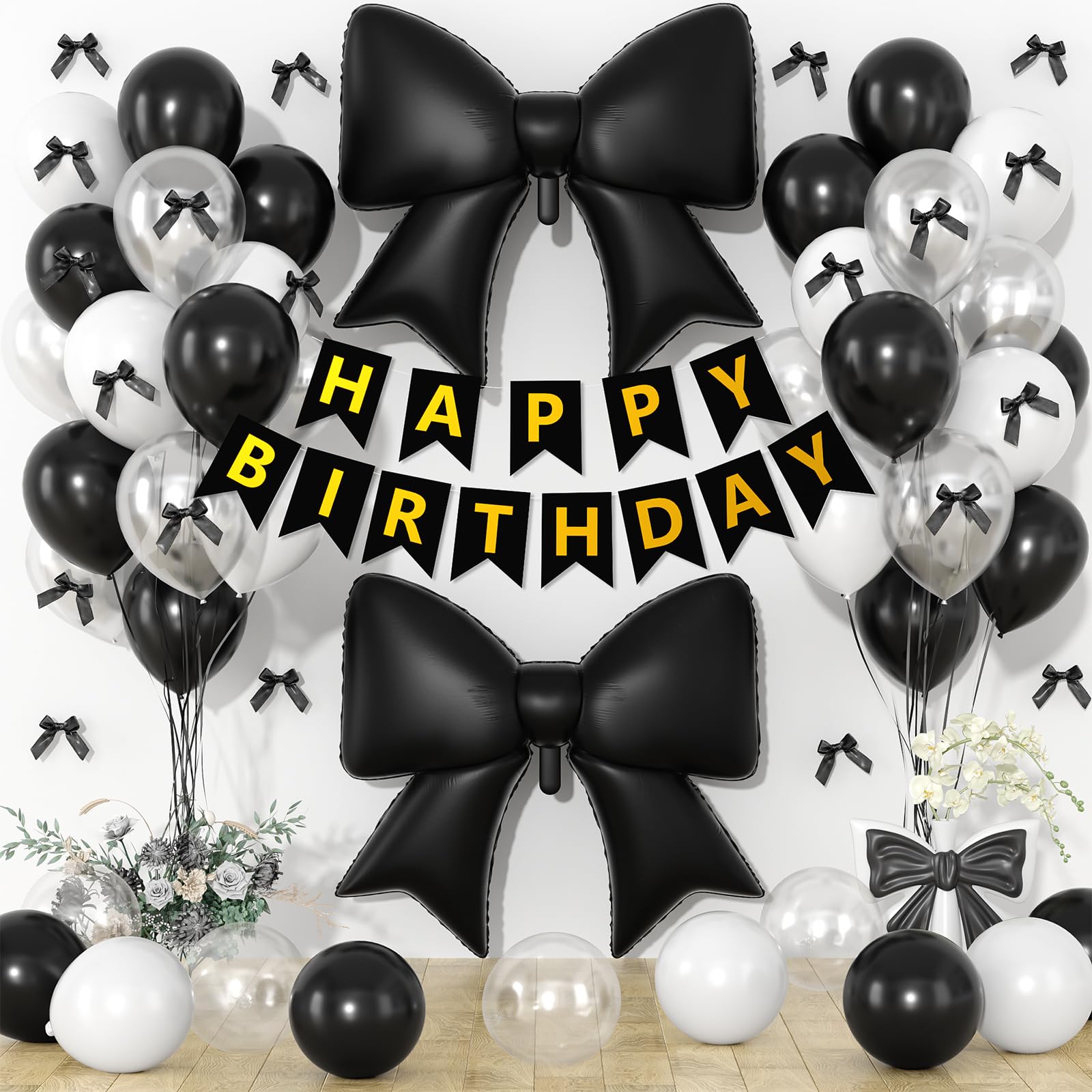 Black Bow Birthday Decorations, Black Happy Birthday Banner with Satin Ribbon Mini Bows Decor, Bow Foil Balloons and White Clear Balloon for Girls Women Birthday Bows Theme Party Supplies